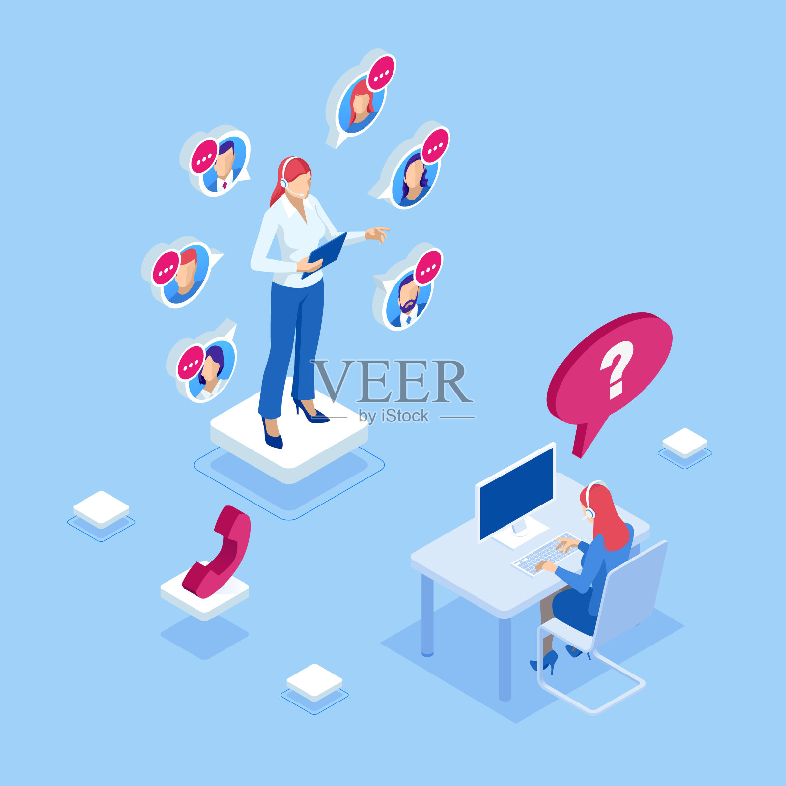 等距通信支持电话接线员，呼叫中心和客户服务帮助台。服务台顾问在免提电话上通话。插画图片素材