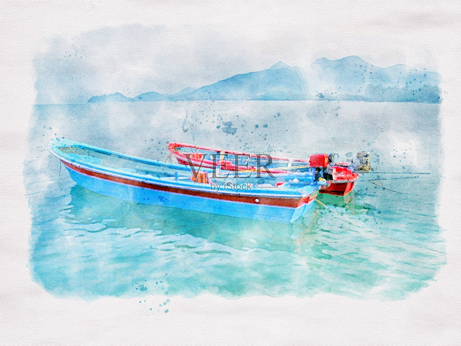 彩色水彩画的小玻璃纤维船巡游在清澈的海水，以山为背景插画图片素材