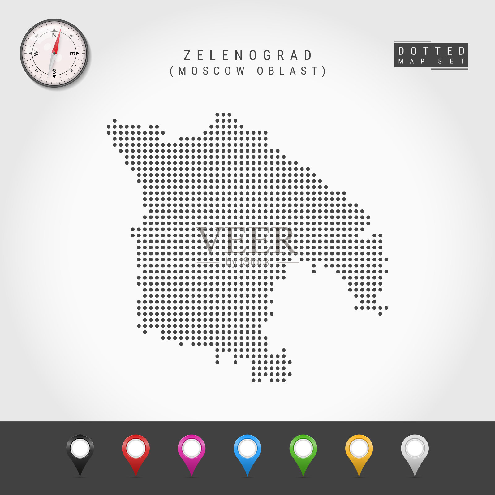 向量点地图zelengrad，莫斯科州。向量指南针。彩色地图针插画图片素材