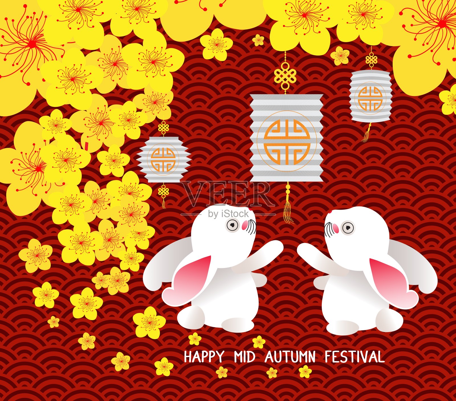 中秋节快乐。花背景与兔子，灯笼设计模板素材