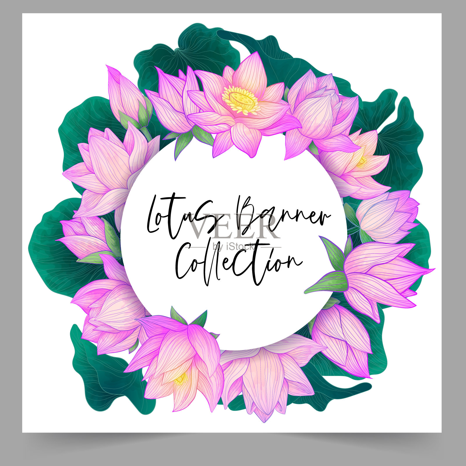 矢量圆旗紫色手画荷花与绿叶与水彩模仿在白色的背景。婚礼请柬与精致的花、钮扣和叶子。插画图片素材