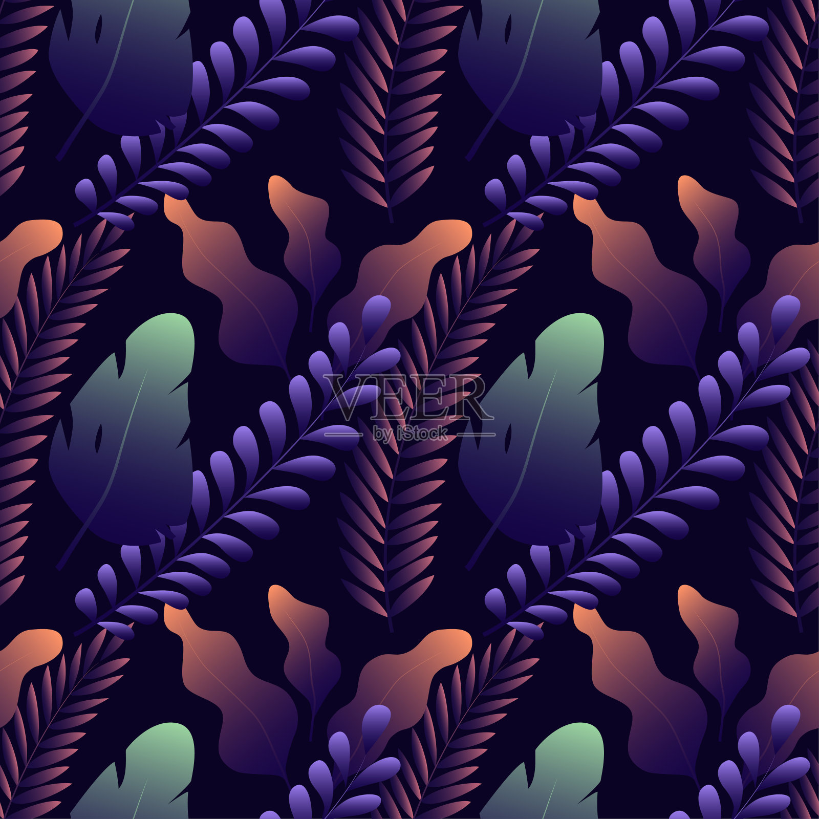 无缝图案，不同的外来叶在深蓝色的背景。插画图片素材