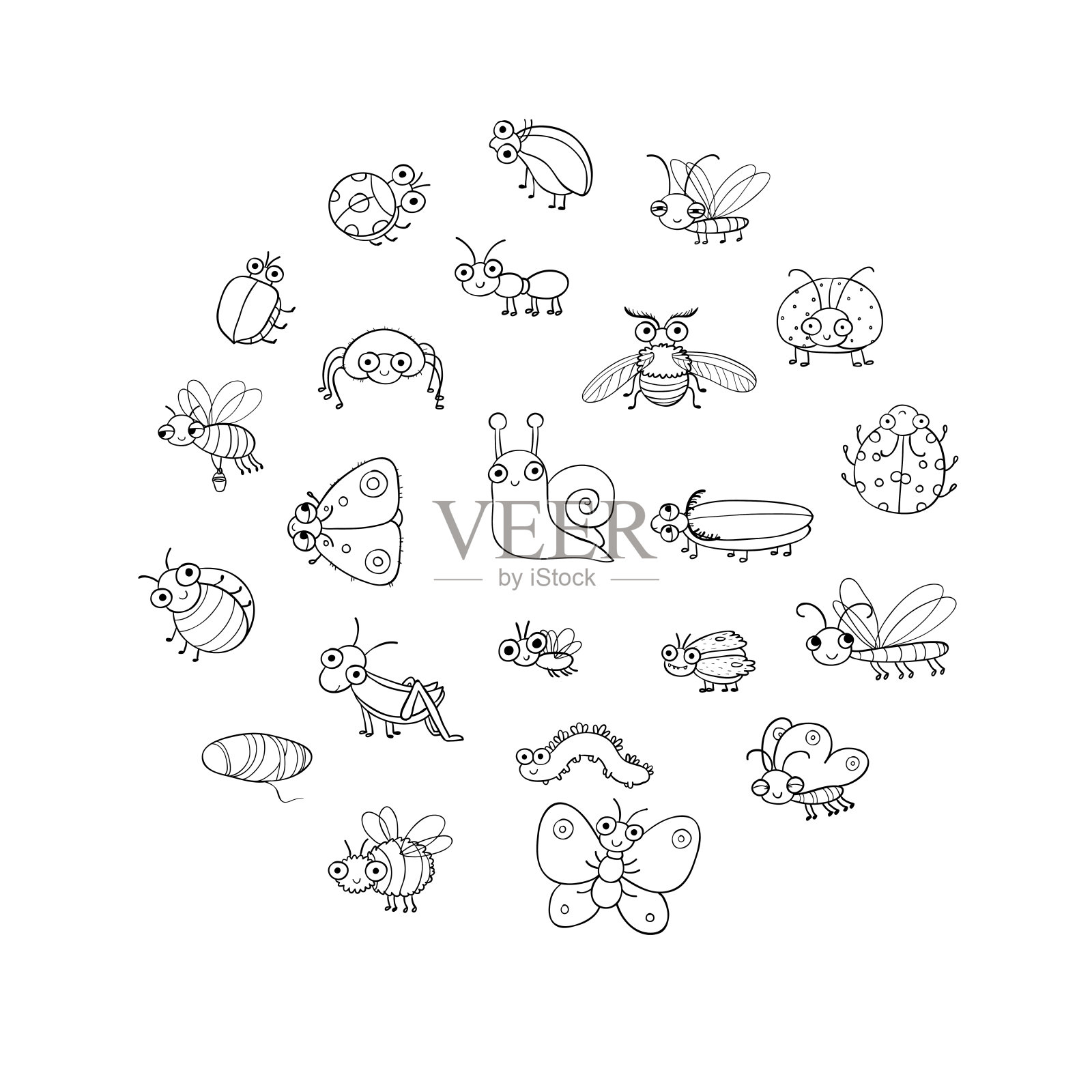 可爱的卡通昆虫。有趣的蝴蝶、甲虫、苍蝇、蚊子和蜗牛。向量插画图片素材