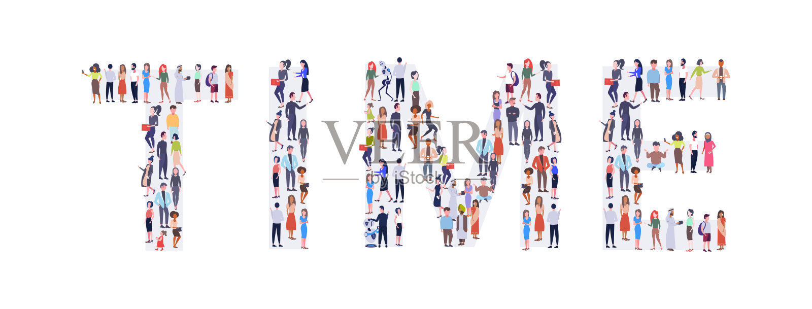 商人人群聚集在一起的形状，时间，文字，种族，男性，女性，休闲人群，站在一起，社交媒体社区概念，全长，横向插画图片素材