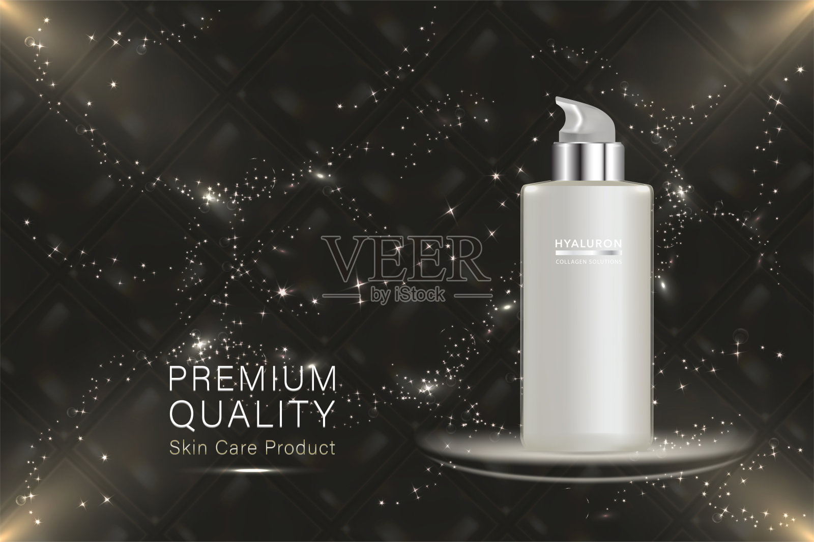 美容产品广告设计，白色化妆品容器与胶原蛋白溶液广告背景准备使用，奢侈护肤横幅，插图向量。插画图片素材