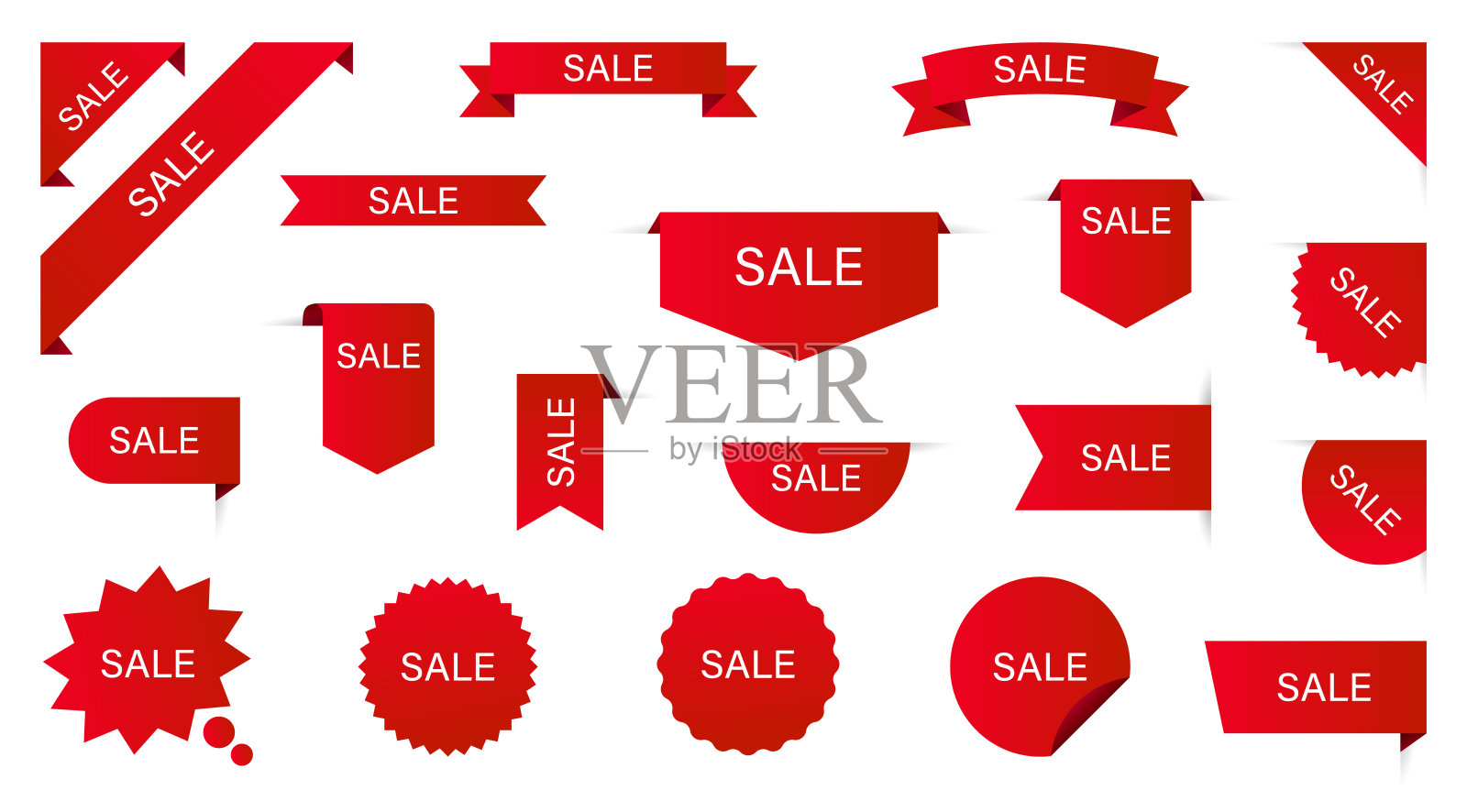 销售标签集合集。销售标签。折扣红丝带，横幅和图标。购物标签。出售图标。红色孤立在白色背景，矢量插图。插画图片素材