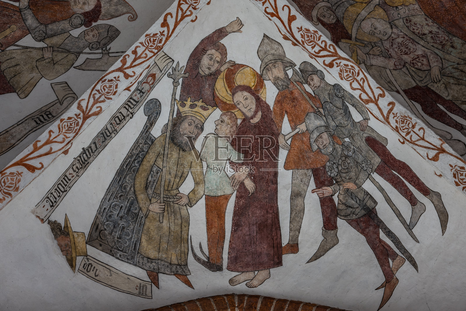 耶稣在希律的宫廷里，一幅古老的壁画照片摄影图片