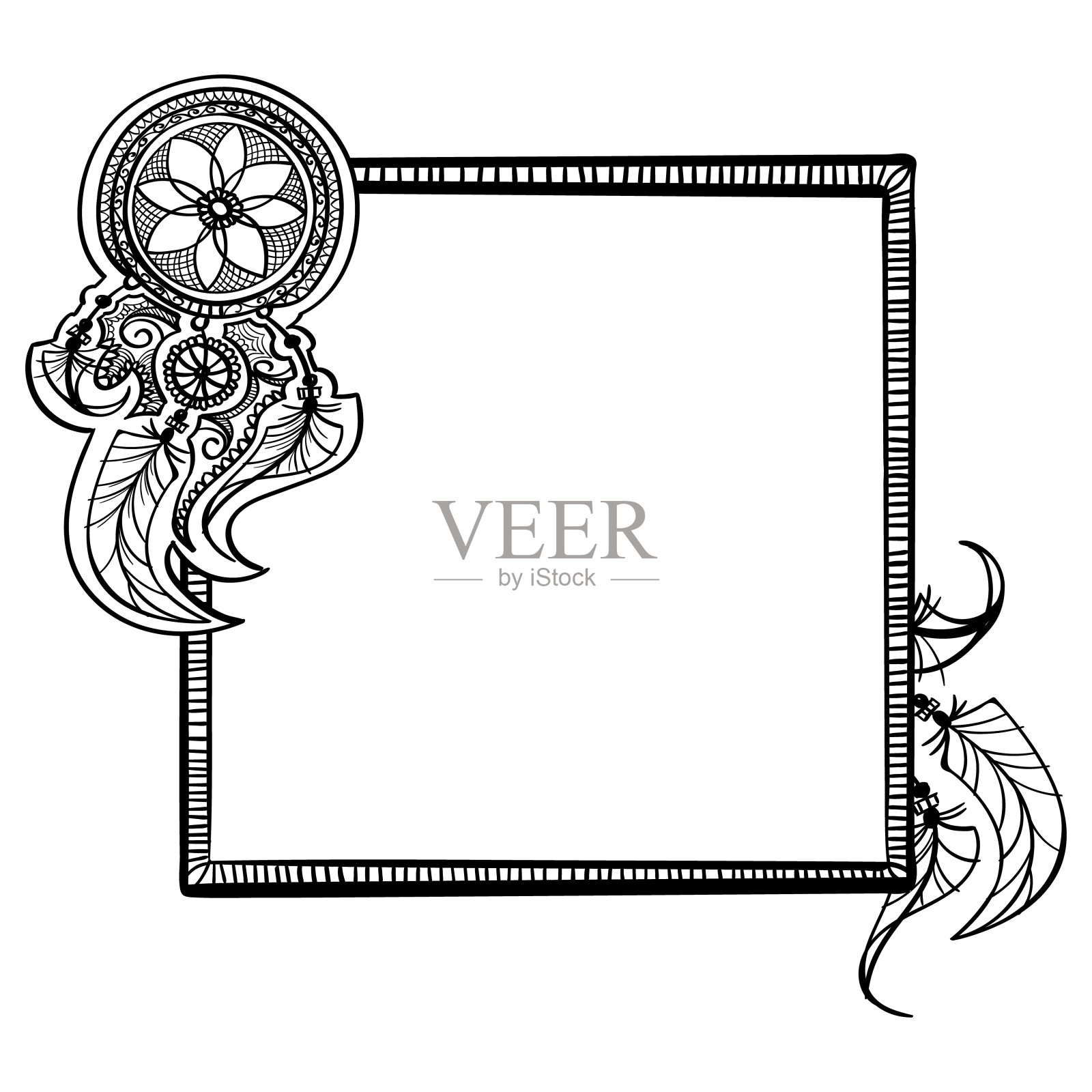 梦幻凯瑟框架纹身曼海蒂设计与羽毛着色。黑色涂鸦手绘轮廓轮廓孤立在白色。向量点缀插图插画图片素材