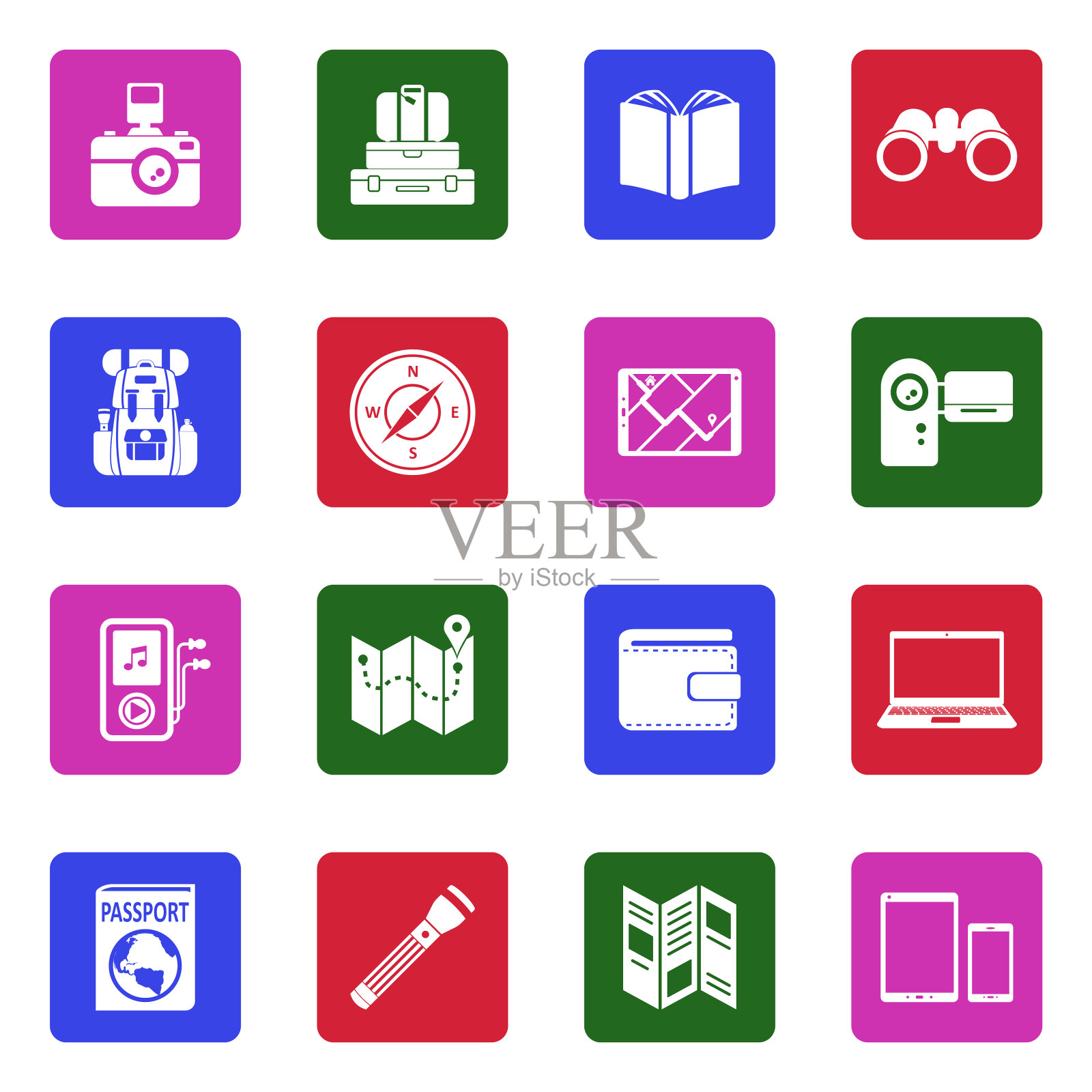 旅行工具图标。广场上的白色平面设计。矢量插图。图标素材