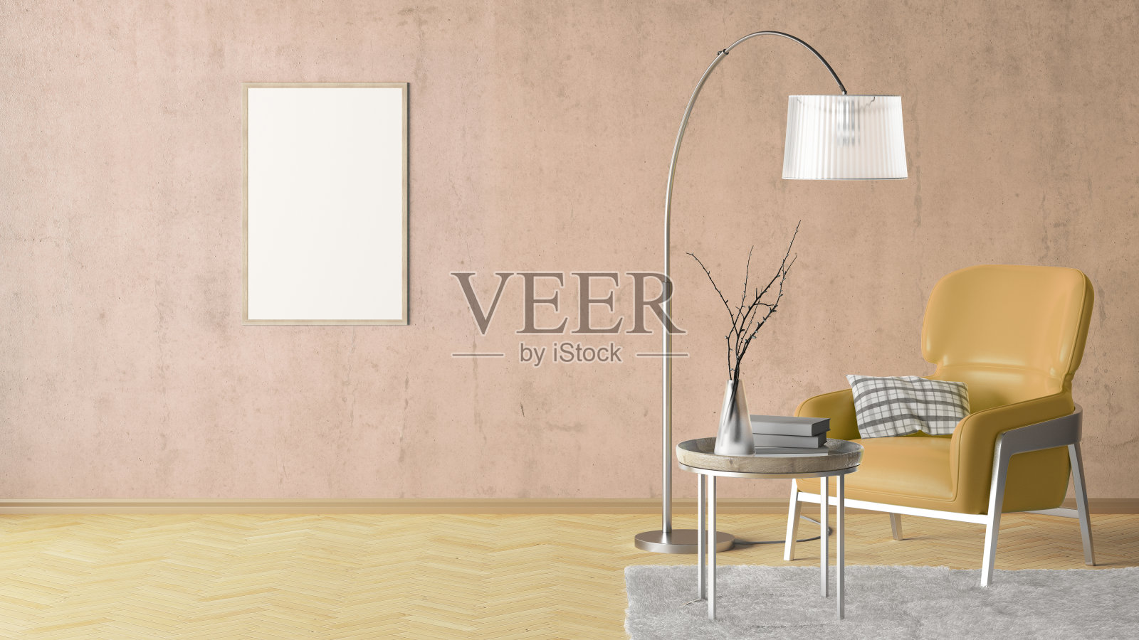 海报贴在现代客厅内部的墙上照片摄影图片