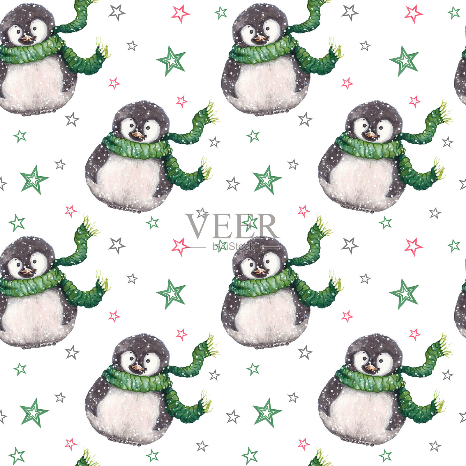 无缝图案与可爱的小企鹅戴着针织围巾。插画图片素材