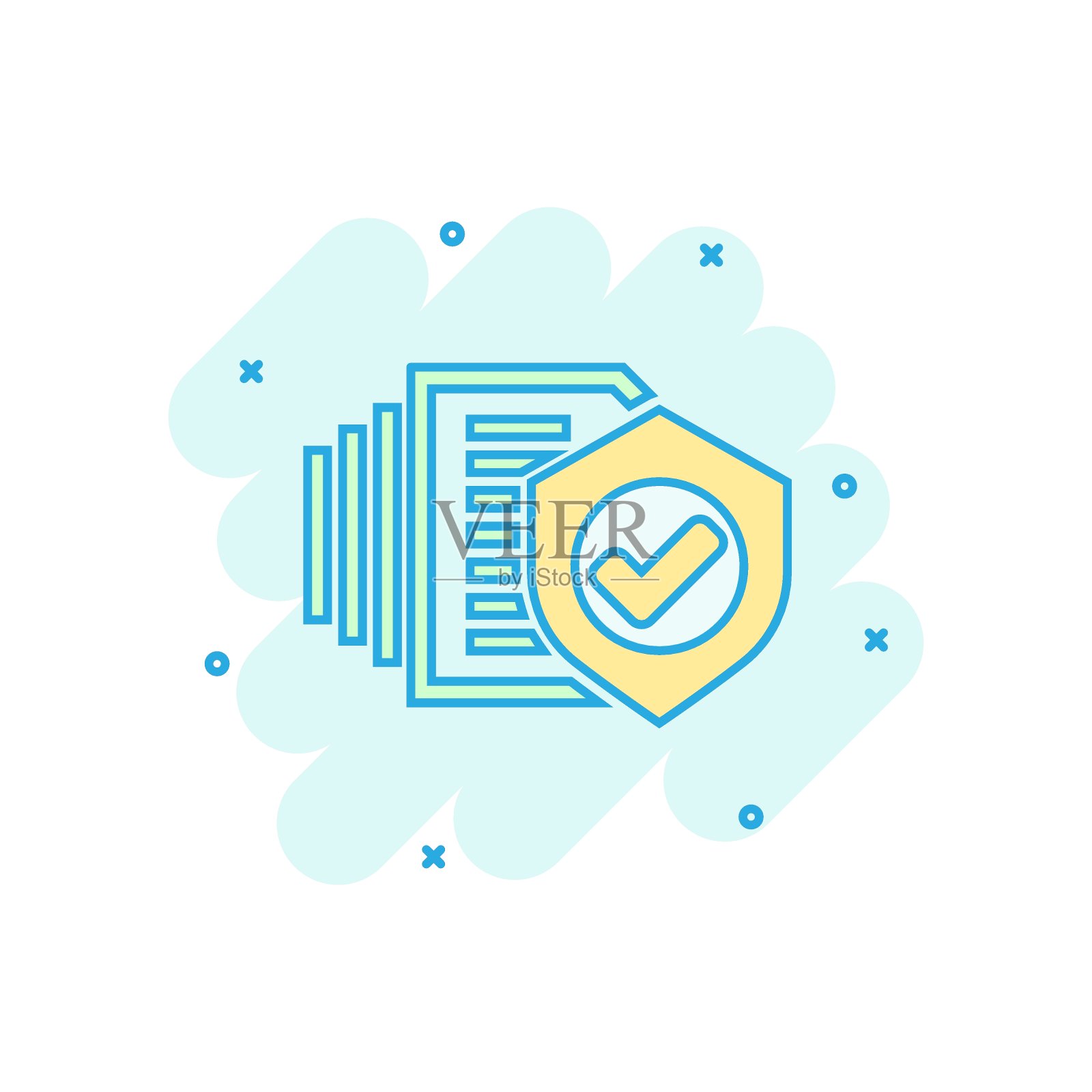 漫画风格的保险单图标。报告矢量卡通插图在白色孤立的背景。文件经营理念飞溅效果。插画图片素材