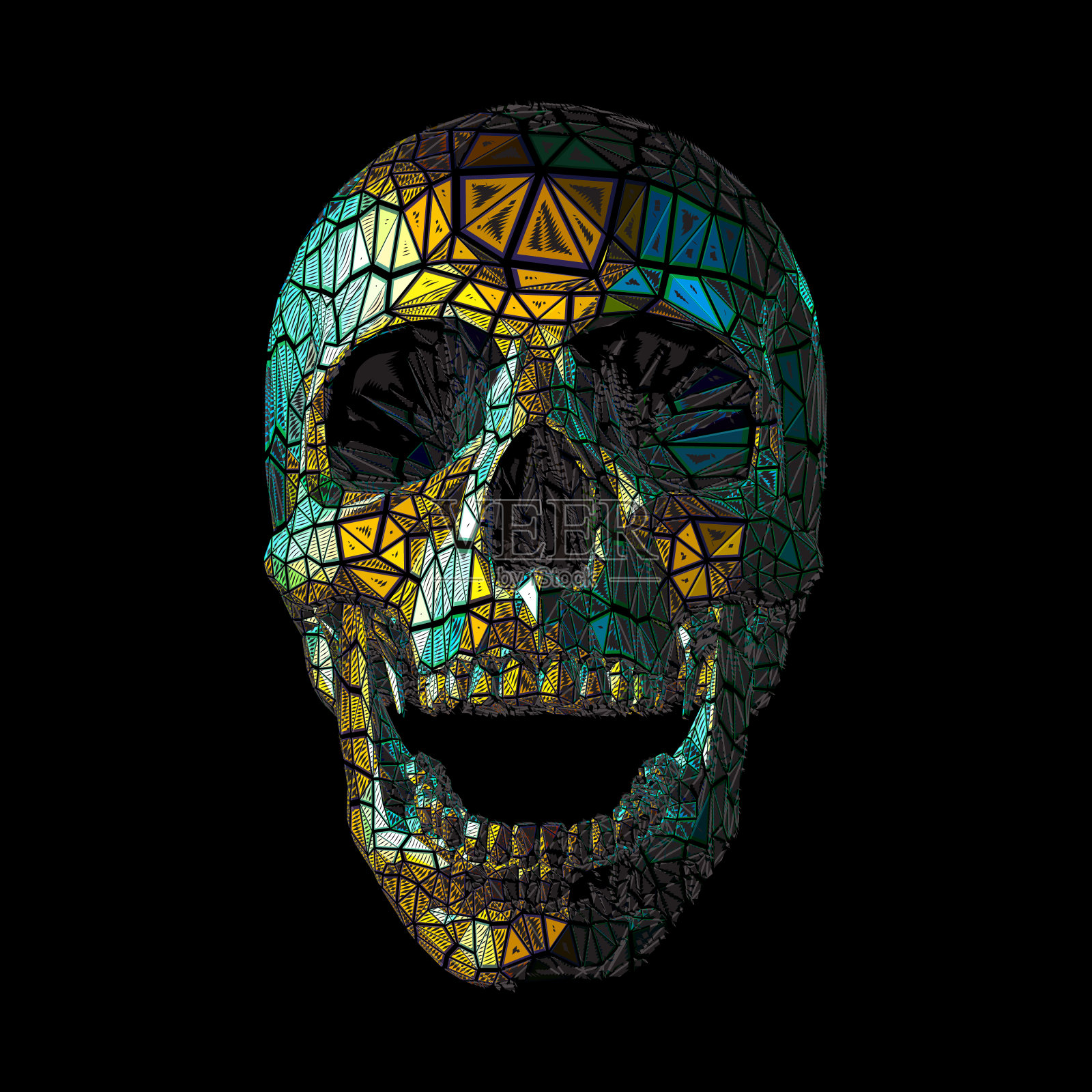 彩色程式化多边形头骨上的黑色BG插画图片素材