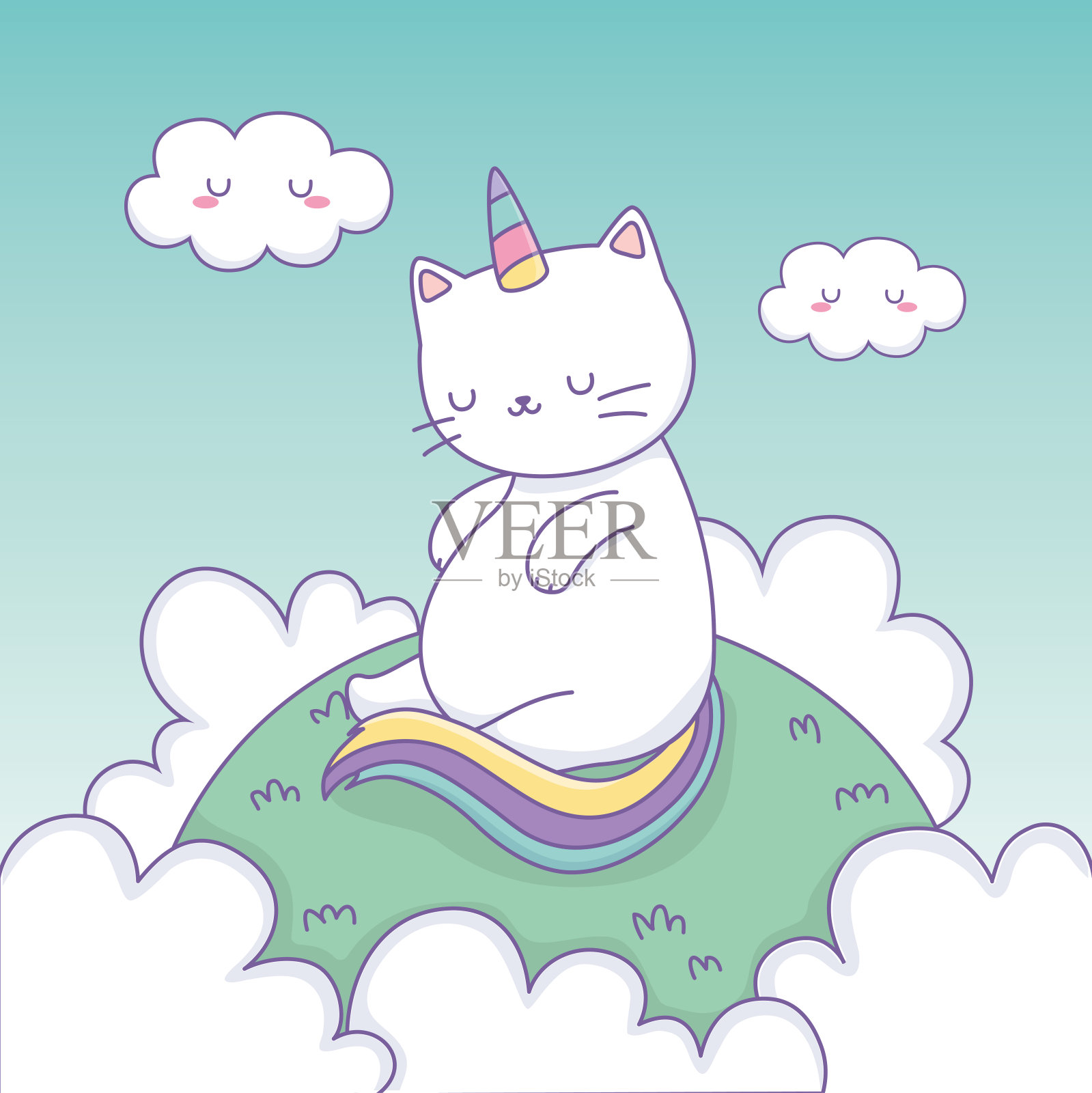 可爱的猫与彩虹尾巴在营地卡哇伊的性格插画图片素材