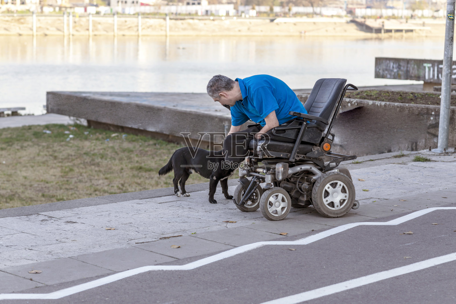 身体残疾的成熟男人与一只可爱的小狗的友谊照片摄影图片