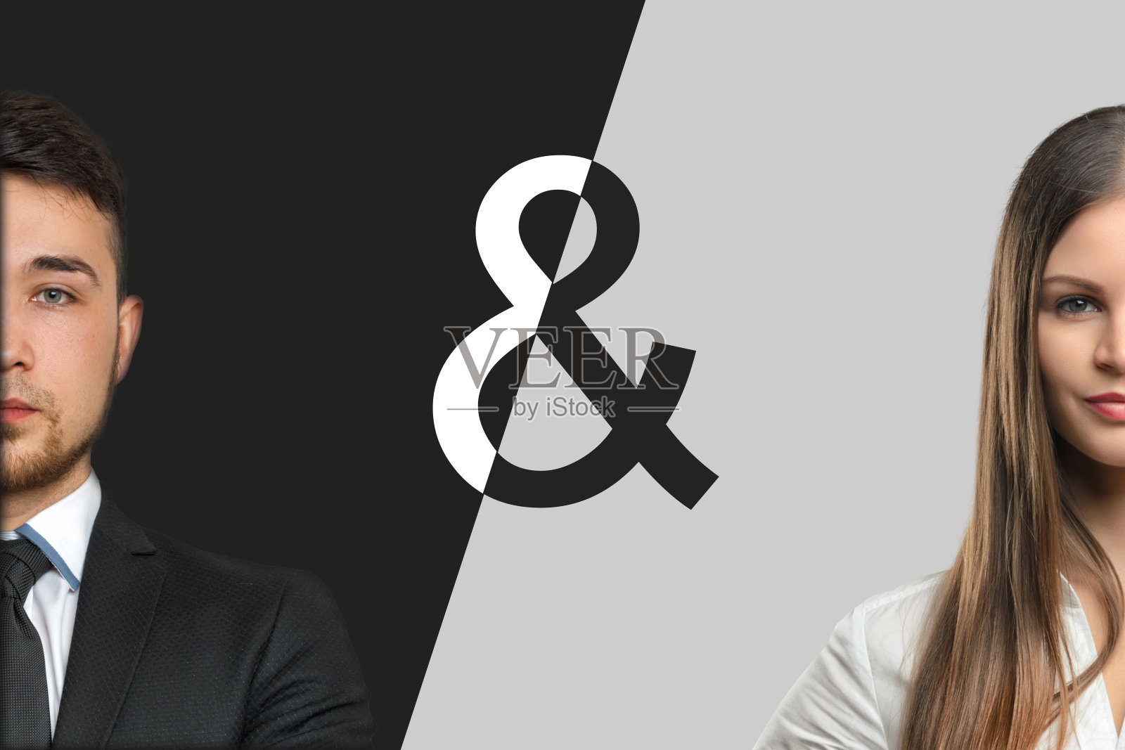 一个商人和一个女商人在相反的黑白颜色的对比背景。照片摄影图片