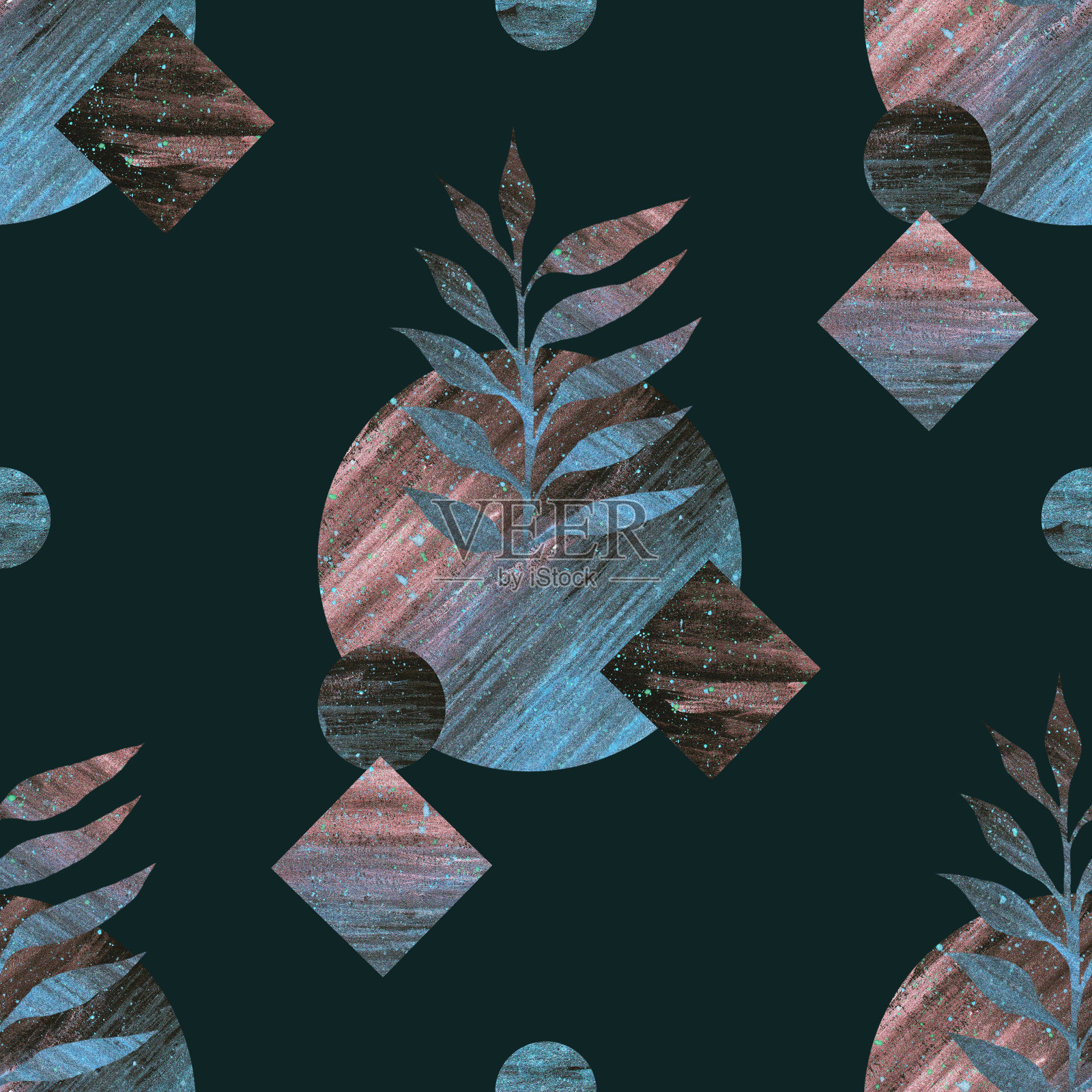 装饰几何图形和植物，以蓝色和棕色的纹理插画图片素材