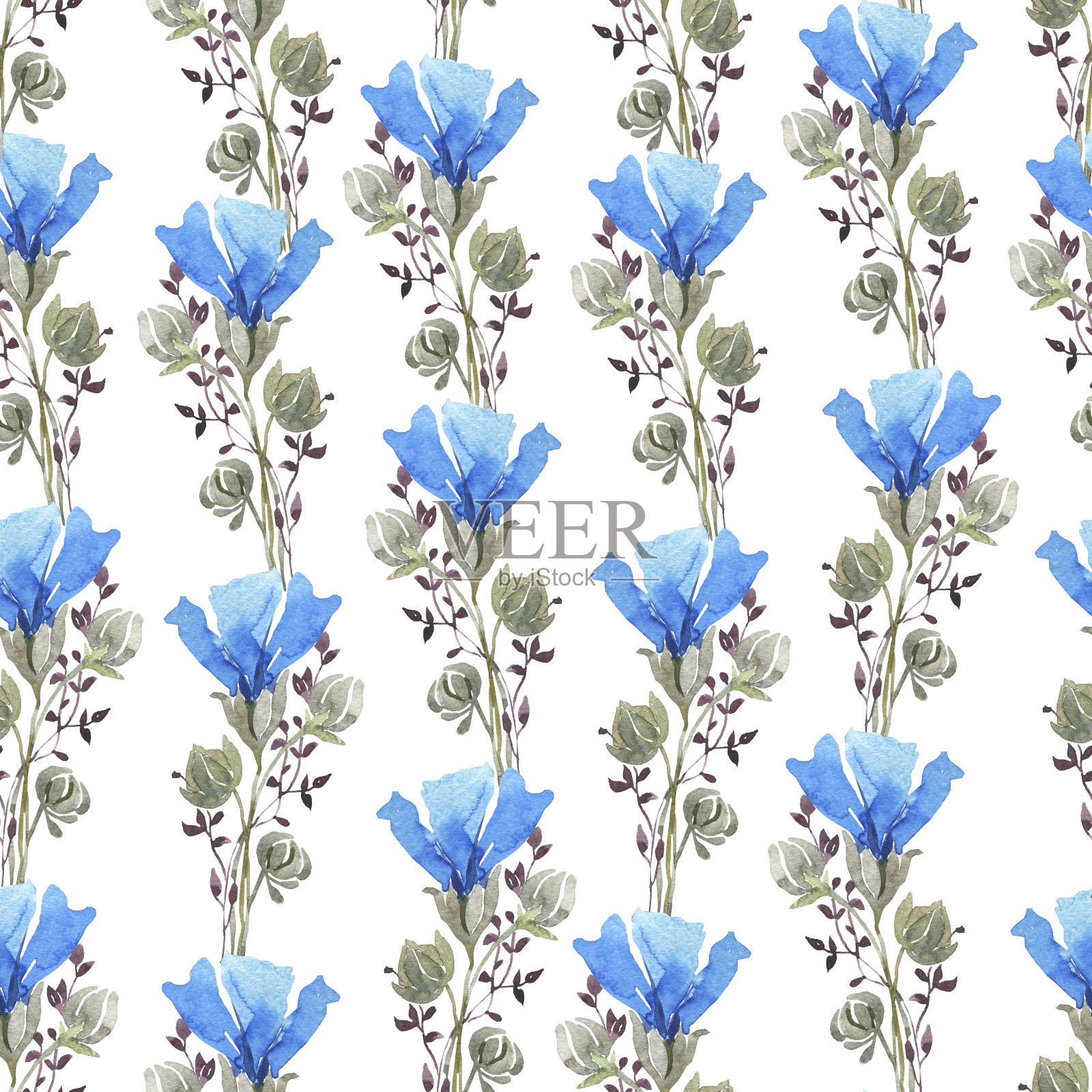 水彩植物图案的粉红色和蓝色的春天的花。无缝模式。纺织品设计。礼品包装。粉红色的花，白色的背景，春天的印花。模板。插画图片素材