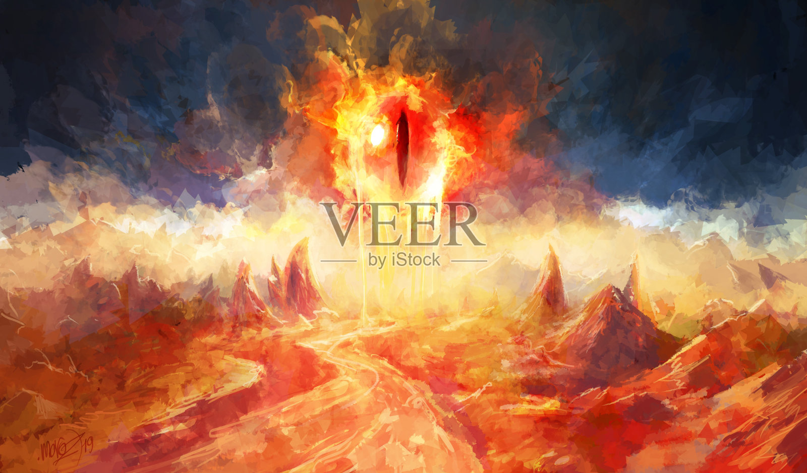 熔岩流的眼睛-幻想概念艺术与山脉景观和熔岩河。插画图片素材