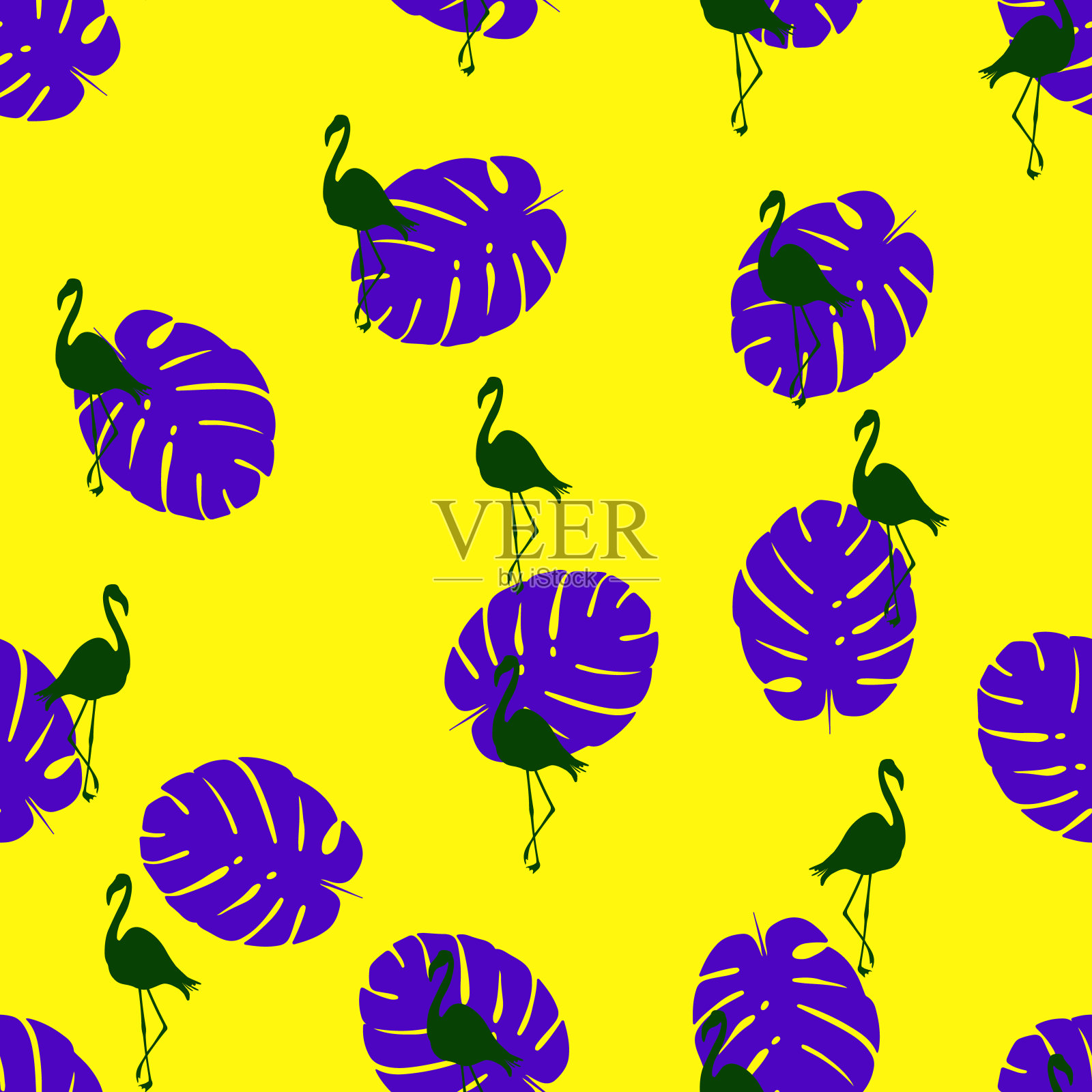 无缝矢量火烈鸟和热带图案火烈鸟异国情调的矢量海滩壁纸无缝模式插画