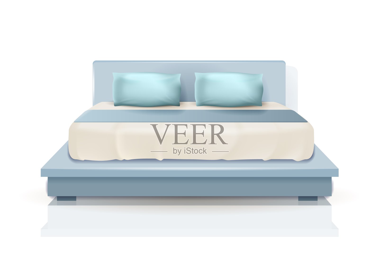 双人床，蓝色枕头和毯子插画图片素材
