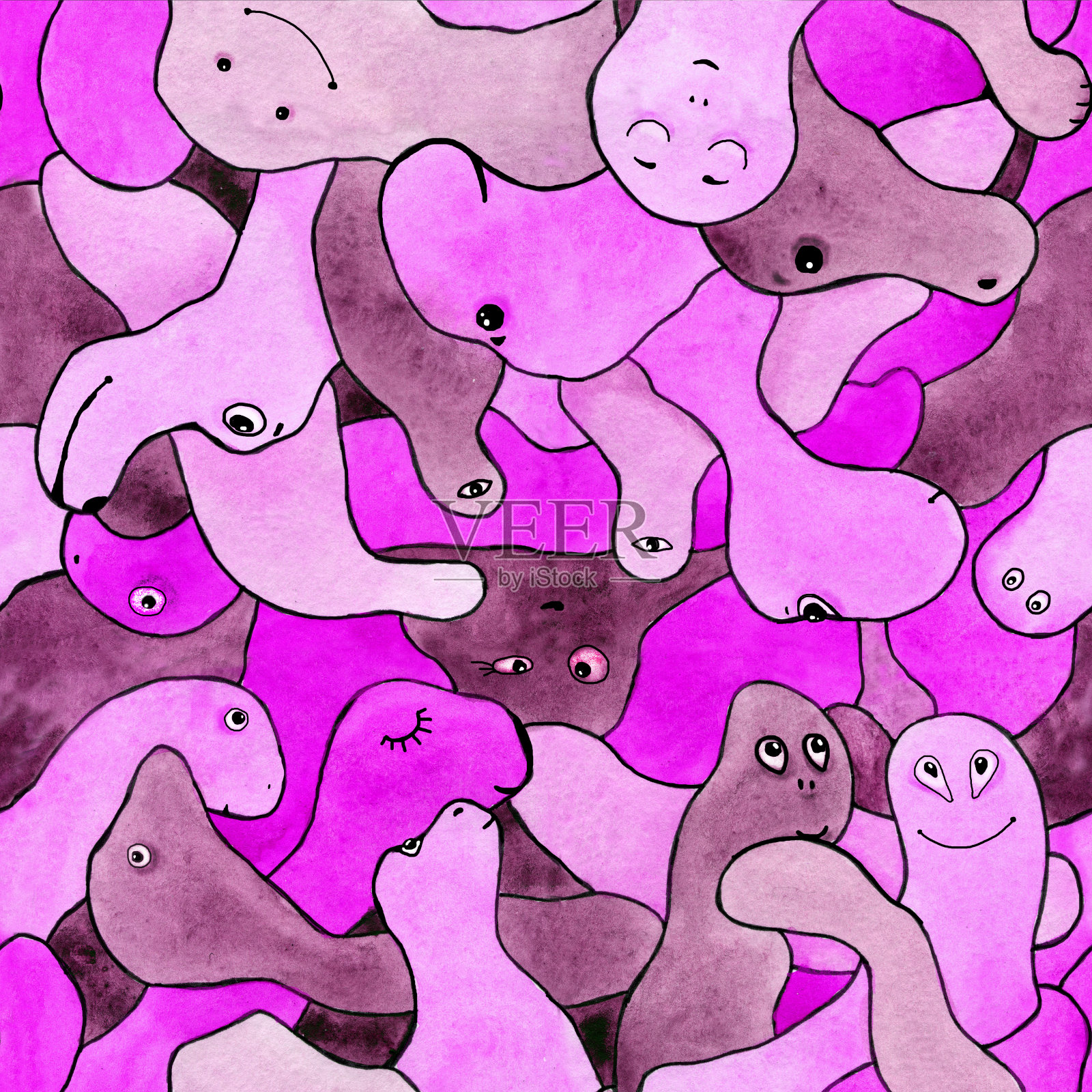 无缝模式与卡通儿童角色。动物，猫，恐龙，动物的织物，壁纸，封面，包装，包装纸，背景设计插画图片素材