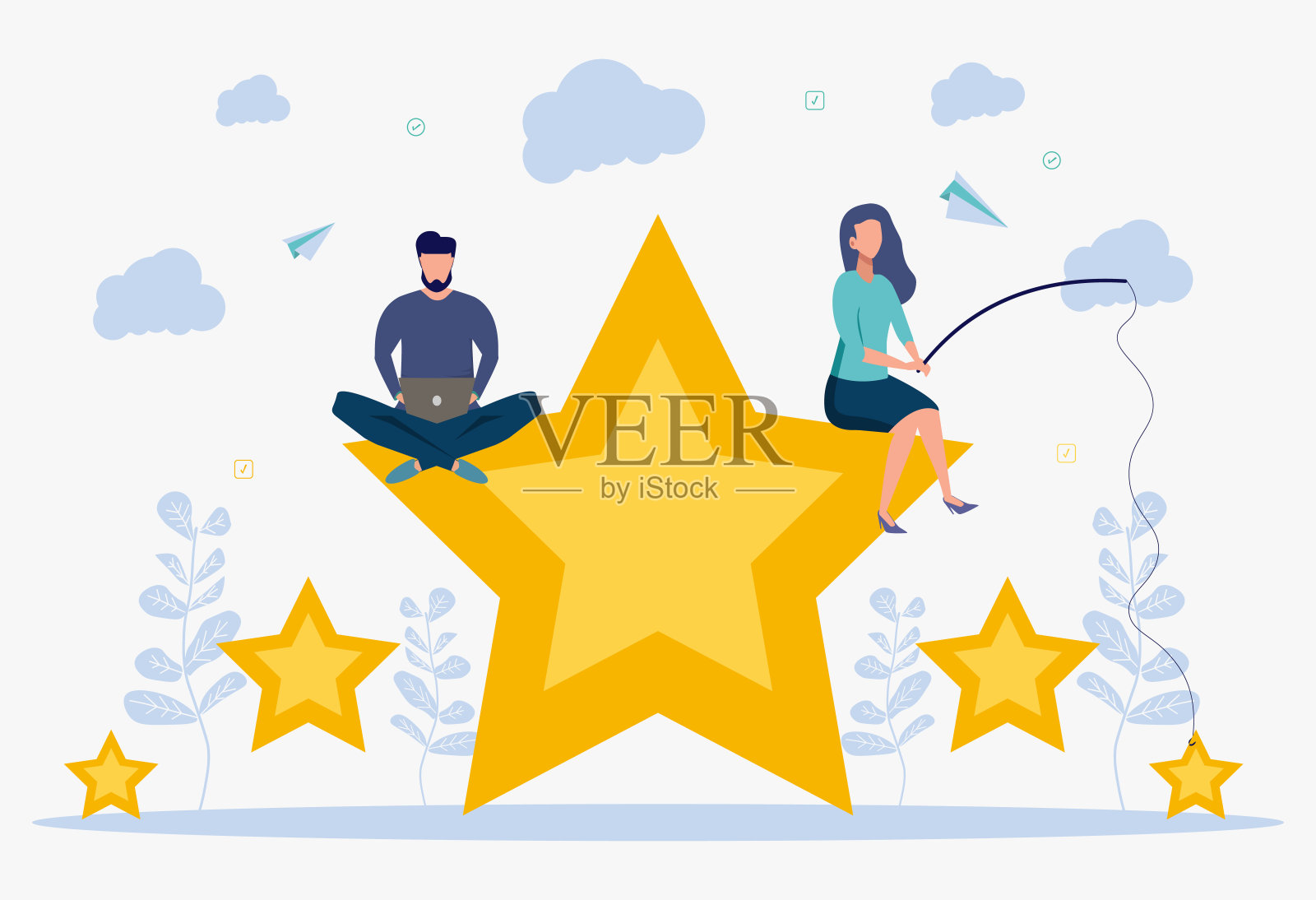 顾客给了五星。现代人物设计插图。用于登陆页，传单，横幅，海报，网页插画图片素材