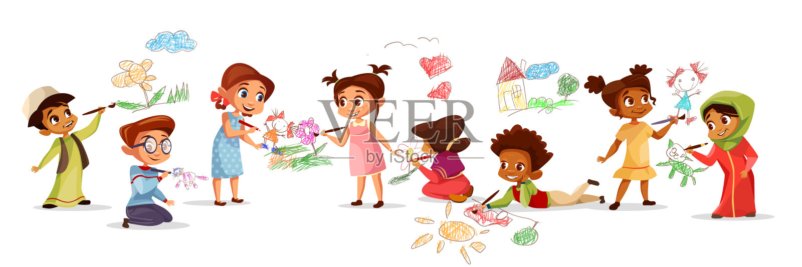 不同国籍的卡通男孩和女孩用彩色粉笔绘画的矢量插画插画图片素材