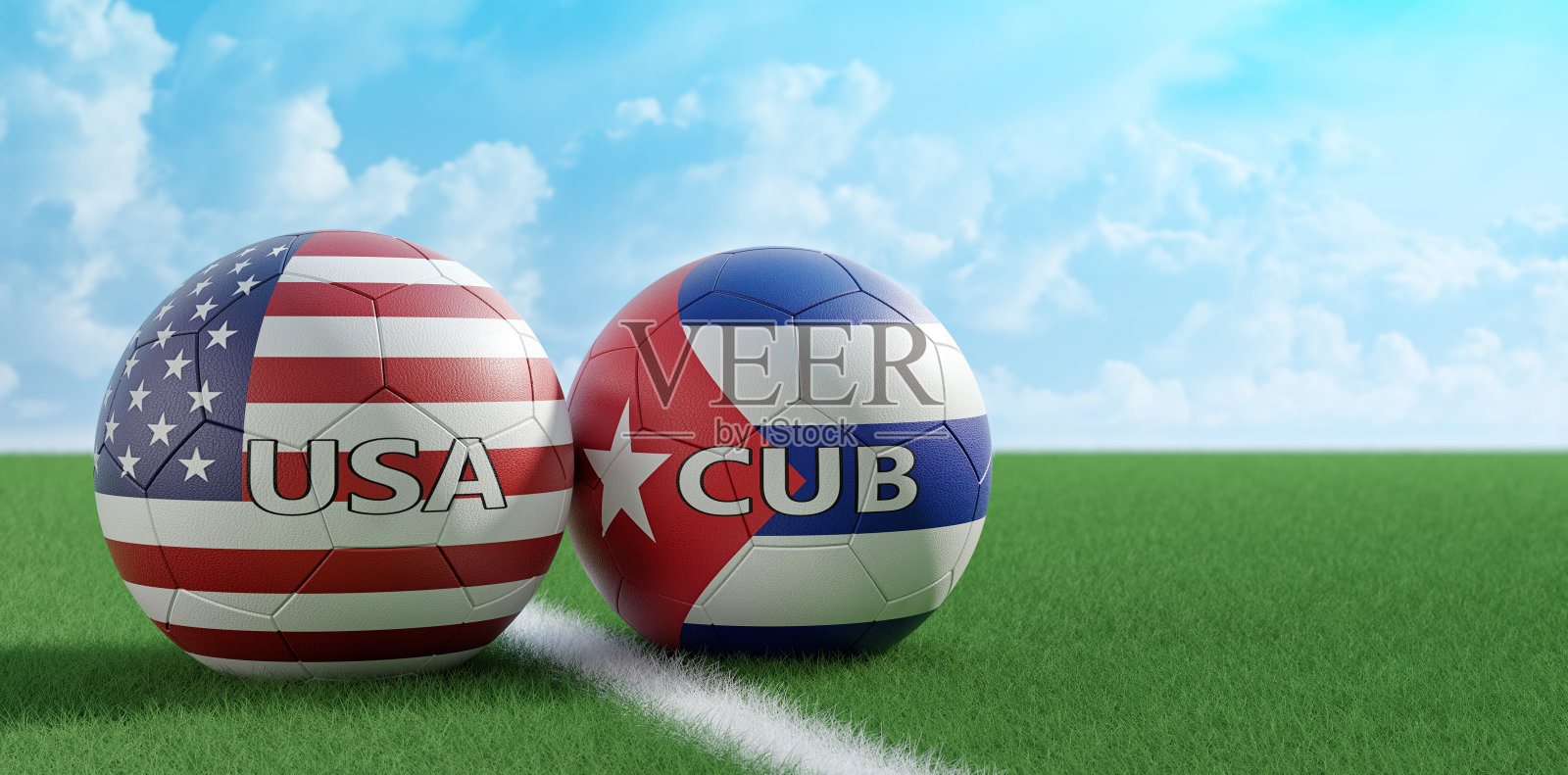 美国对古巴足球比赛-足球在美国和古巴的国家颜色在足球场上。复制空间的右侧- 3D渲染照片摄影图片