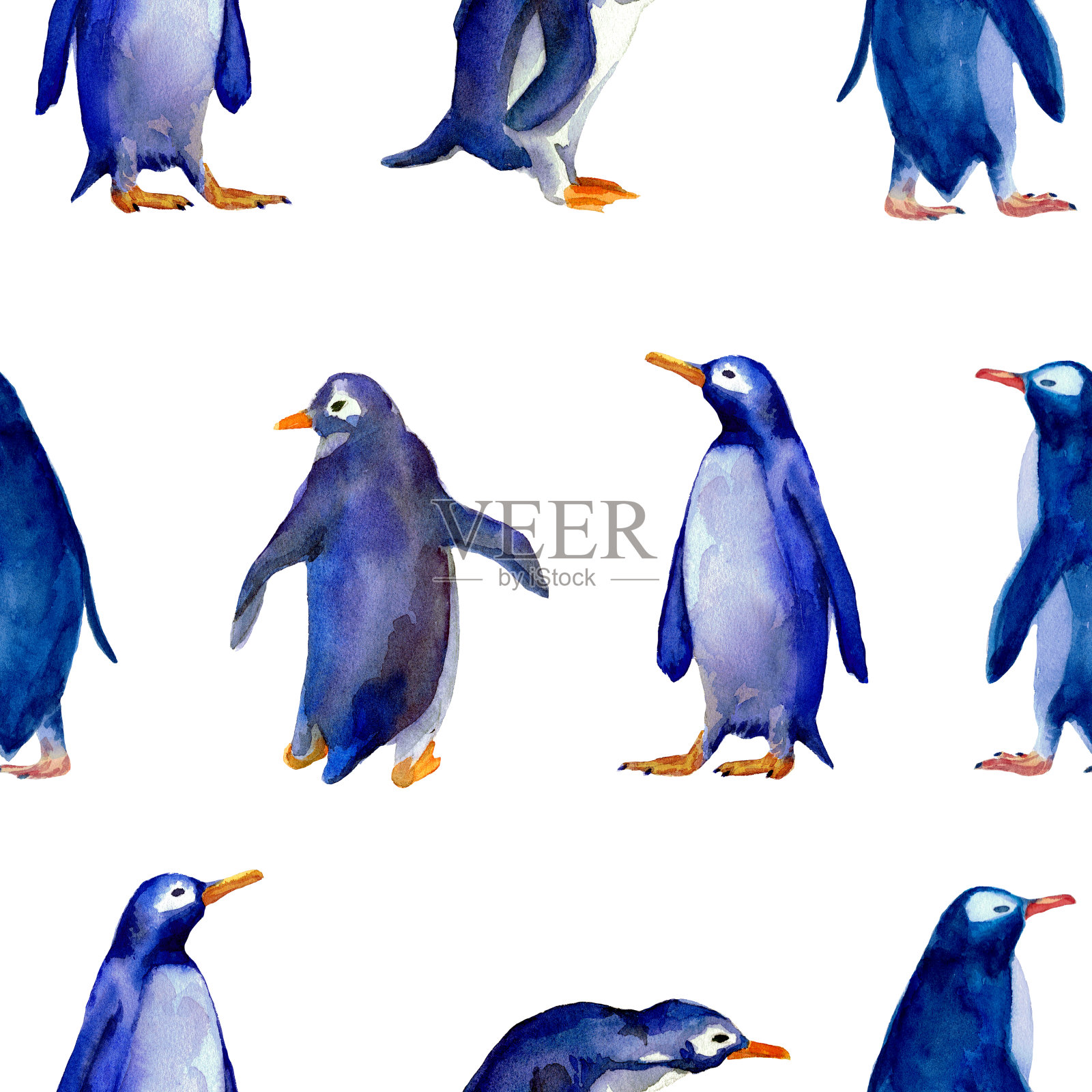 水彩手画不同的蓝色企鹅在白色的背景无缝模式。插画图片素材