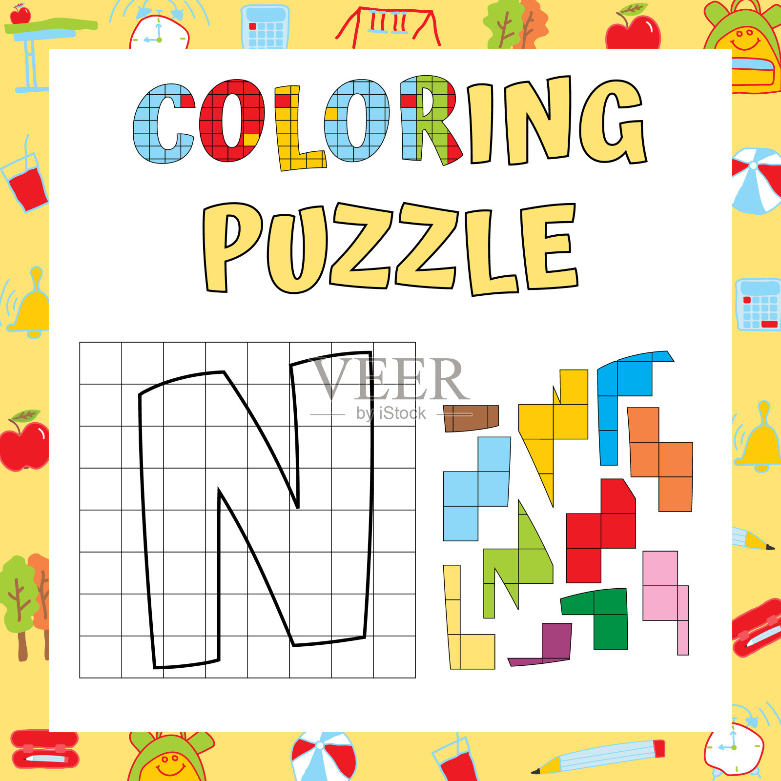 字母颜色难题。逻辑与写作教育练习。精细运动技能工作表。矢量插图。插画图片素材