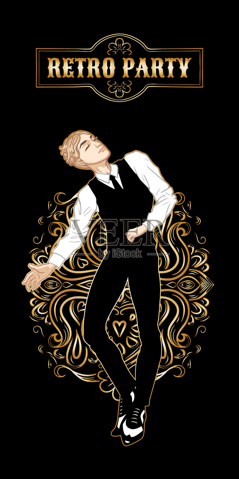复古派对卡片，帅哥穿着20世纪20年代风格的舞蹈，花花公子，二十岁，矢量插图插画图片素材