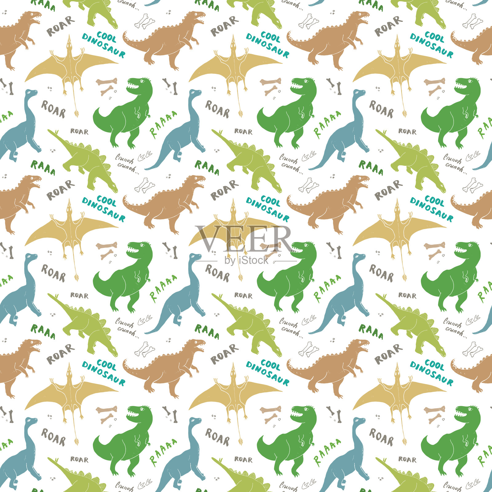 恐龙无缝模式，可爱的卡通手绘恐龙涂鸦矢量插图插画图片素材