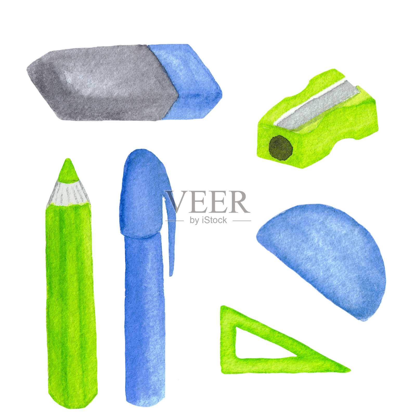 水彩画学校或办公室文具对象的数学课孤立在白色的背景插画图片素材
