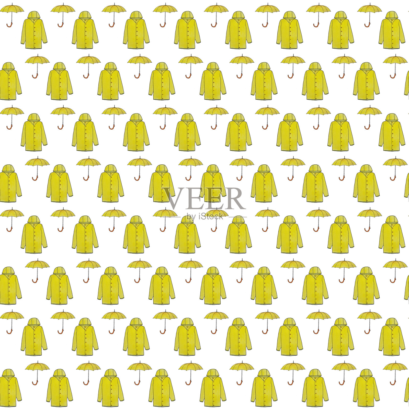 无缝图案水彩秋季雨衣和雨伞。白色背景上的大纲。素描图插画图片素材