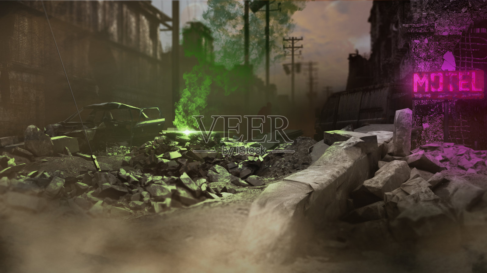 一座城市的废墟。末日景观，核灾难幸存者照片摄影图片