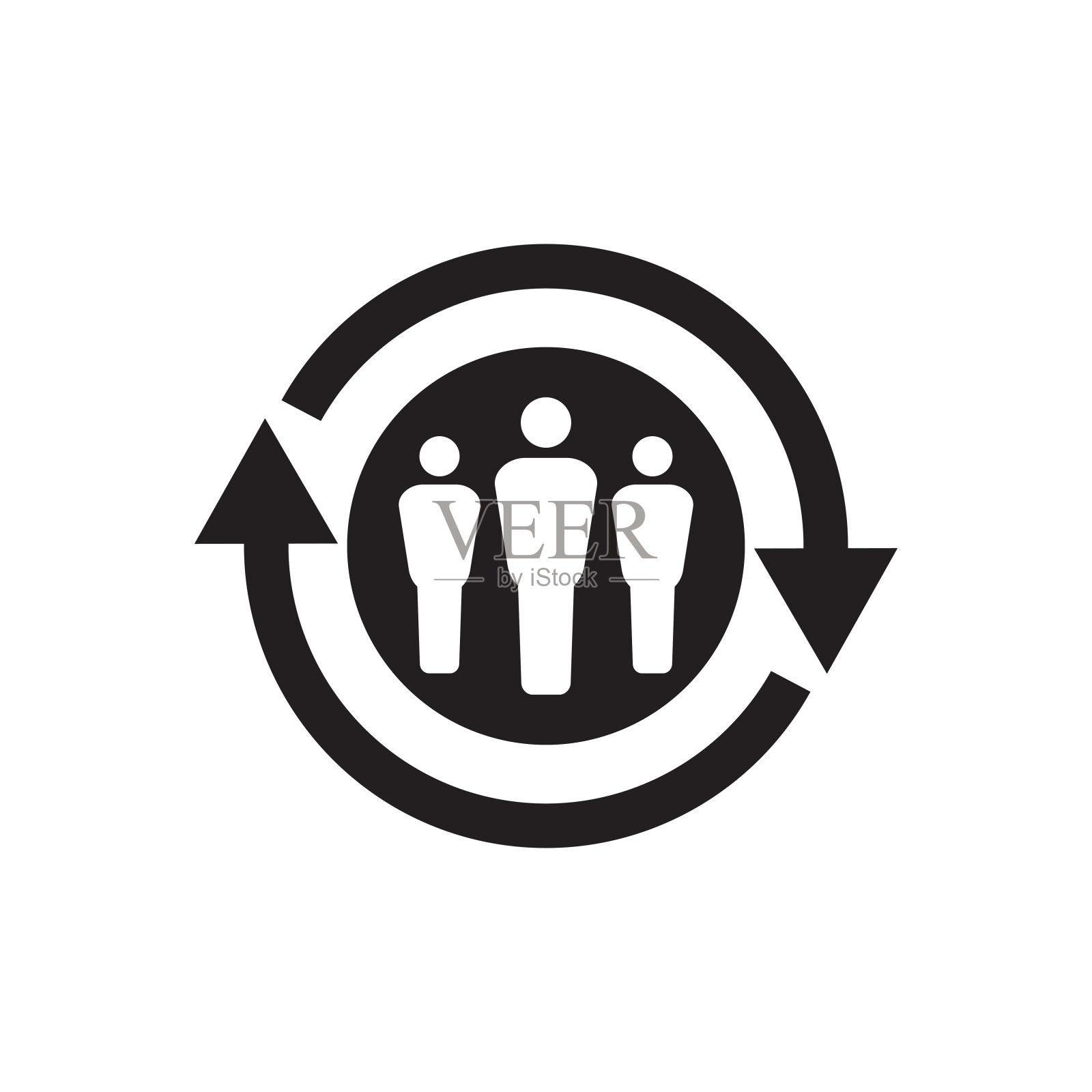 人事变动概念黑色图标设计。人，五线谱，箭，周期符号。团队合作的象征。社交网络标志。图标素材