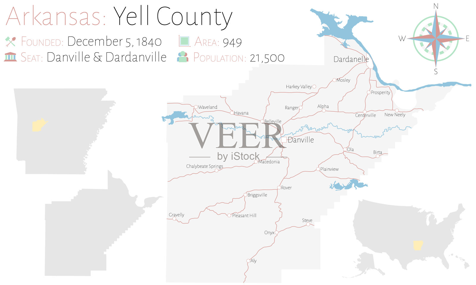 阿肯色州耶尔县地图插画图片素材