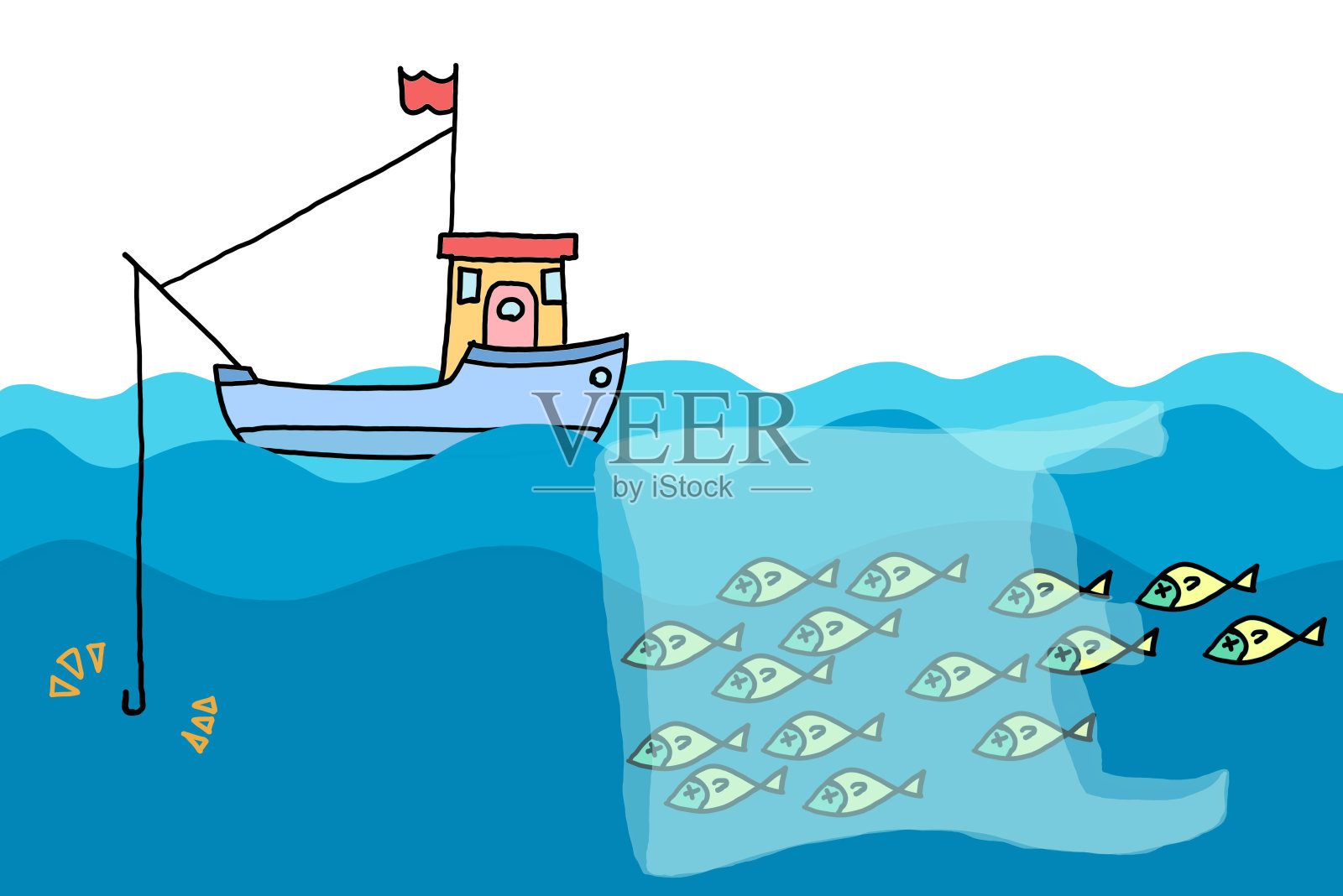 海洋和渔船上的塑料素描插画图片素材