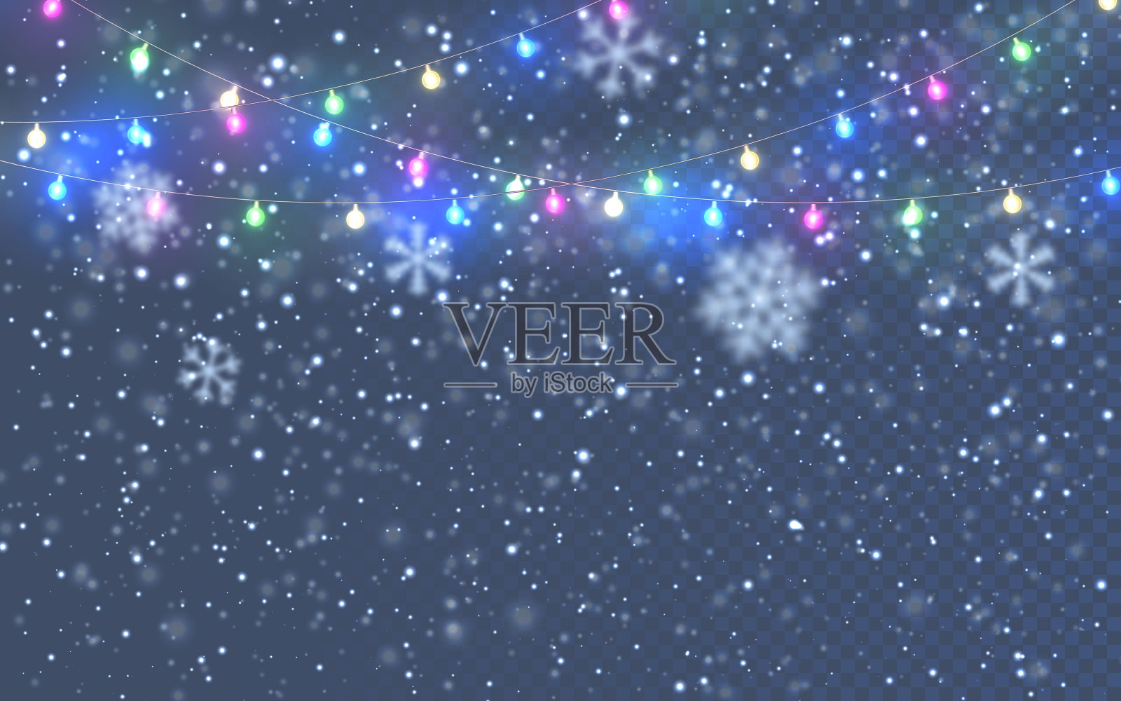 圣诞节下雪了。白色的雪花落在黑色的背景上。圣诞彩色花环，节日装饰品。发光的圣诞灯。矢量降雪，雪花在冬季的空气中飞舞插画图片素材