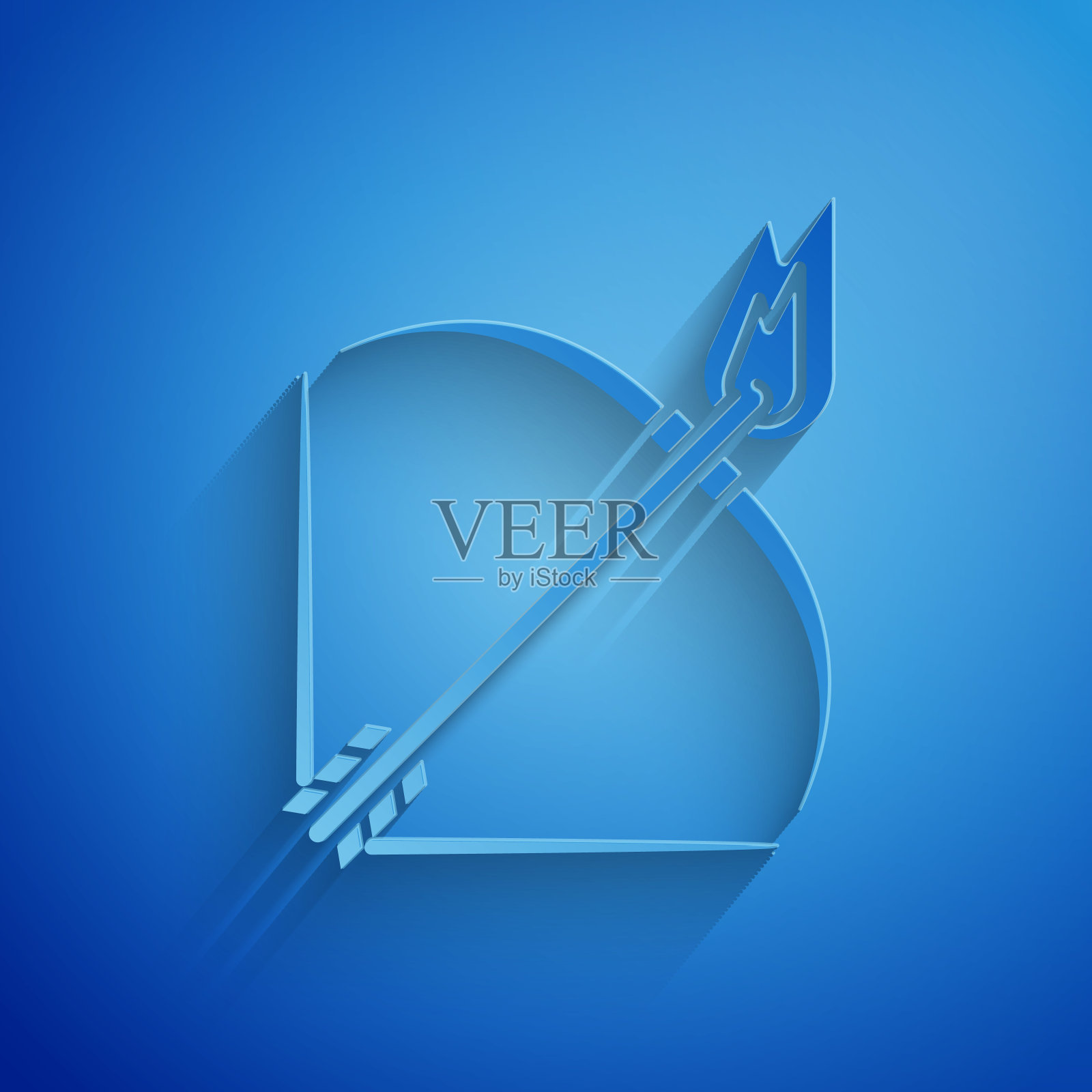 剪纸弓和火箭头图标孤立在蓝色背景。纸艺术风格。矢量图插画图片素材