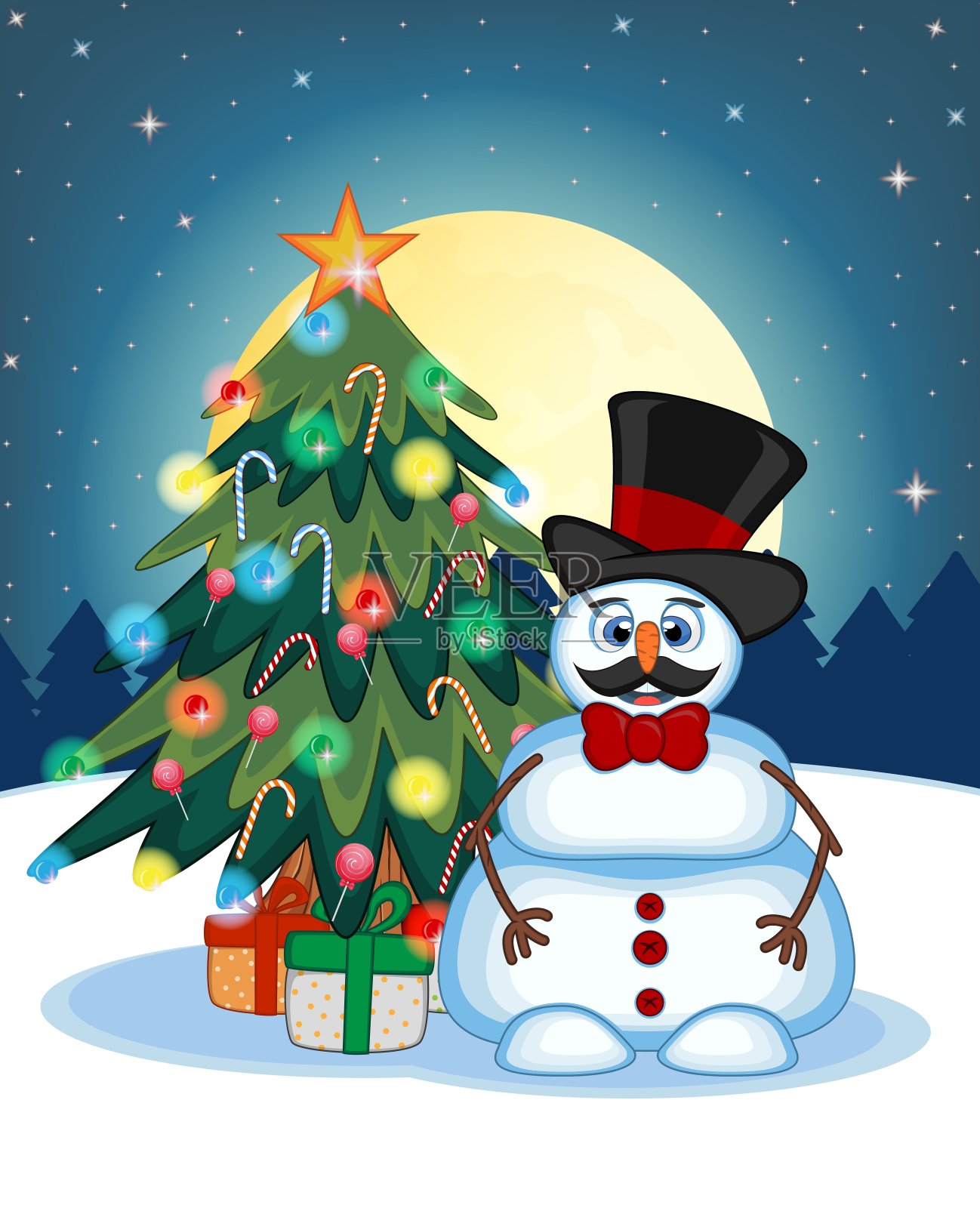 有胡子的雪人戴着一顶帽子和蝴蝶结与圣诞树和满月在晚上的背景为您的设计矢量插图设计元素图片