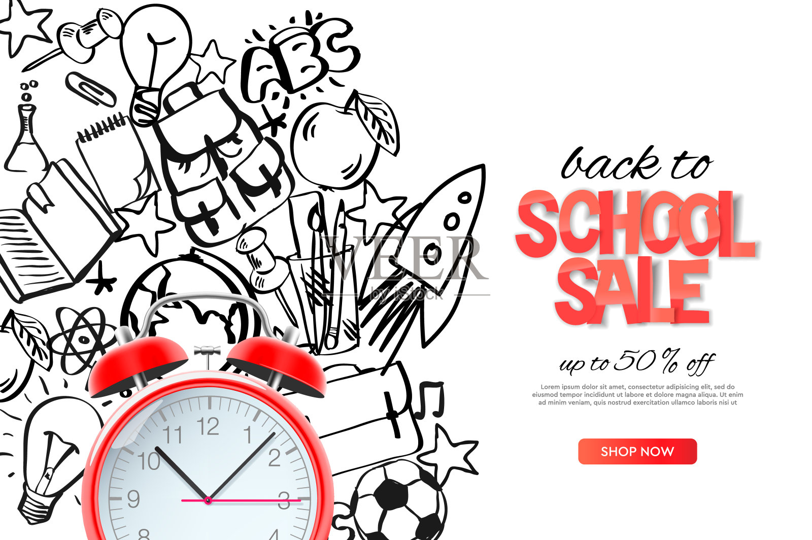 回学校销售模板。现实的红色闹钟在大纲涂鸦学校背景，矢量插图。设计模板素材