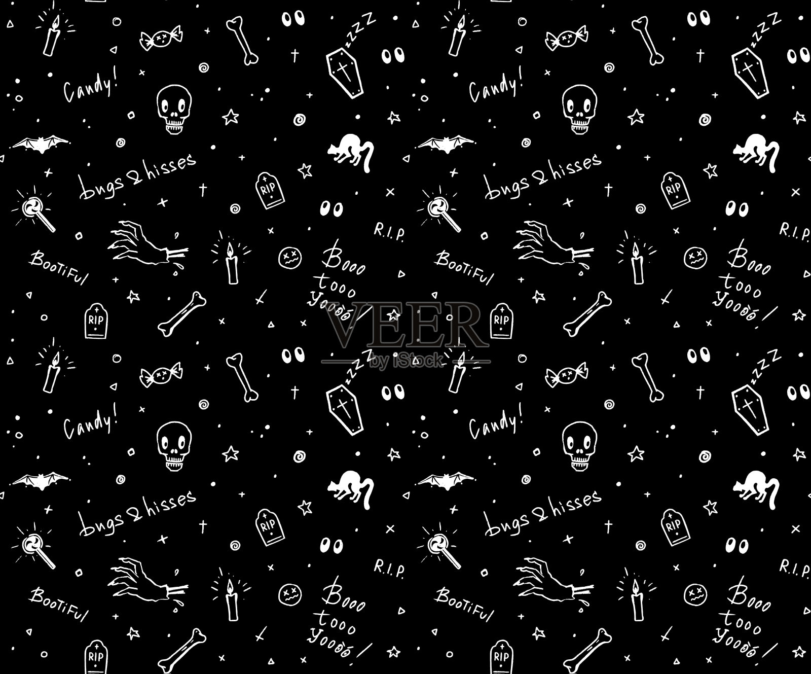 手绘黑白万圣节无缝图案设计卡片，织物或包装纸与传统的幽灵符号和手写体。矢量插图。插画图片素材