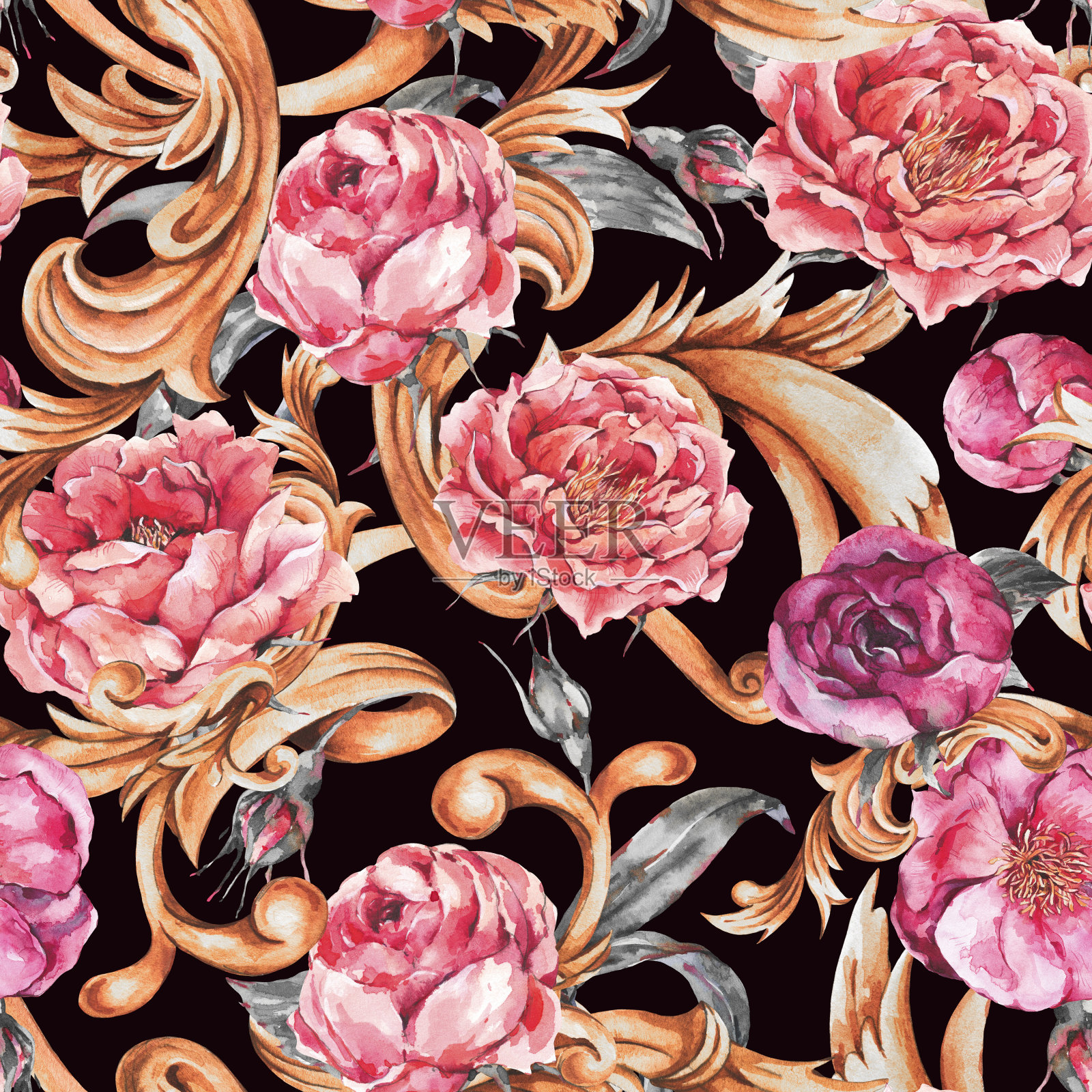 水彩金色巴洛克花卷与盛开的花朵无缝图案。玫瑰牡丹，洛可可风格插画图片素材