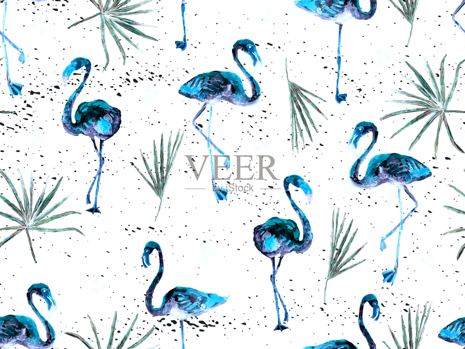 大型火烈鸟蓝色夏威夷无缝图案。插画图片素材