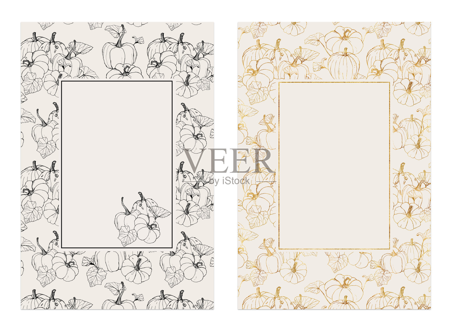 带有金色南瓜的水彩卡片。手工绘制的传统葫芦与树叶和树枝孤立在白色的背景。植物线条艺术插图设计或印刷。插画图片素材