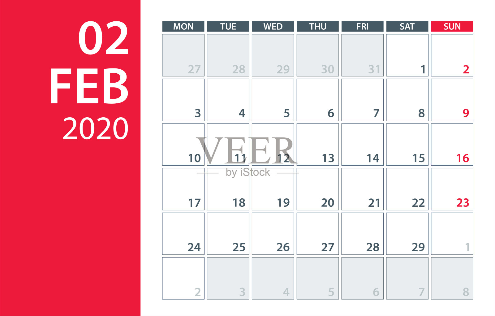 2020年2月日历规划师-矢量插图。模板。模拟。设计模板素材