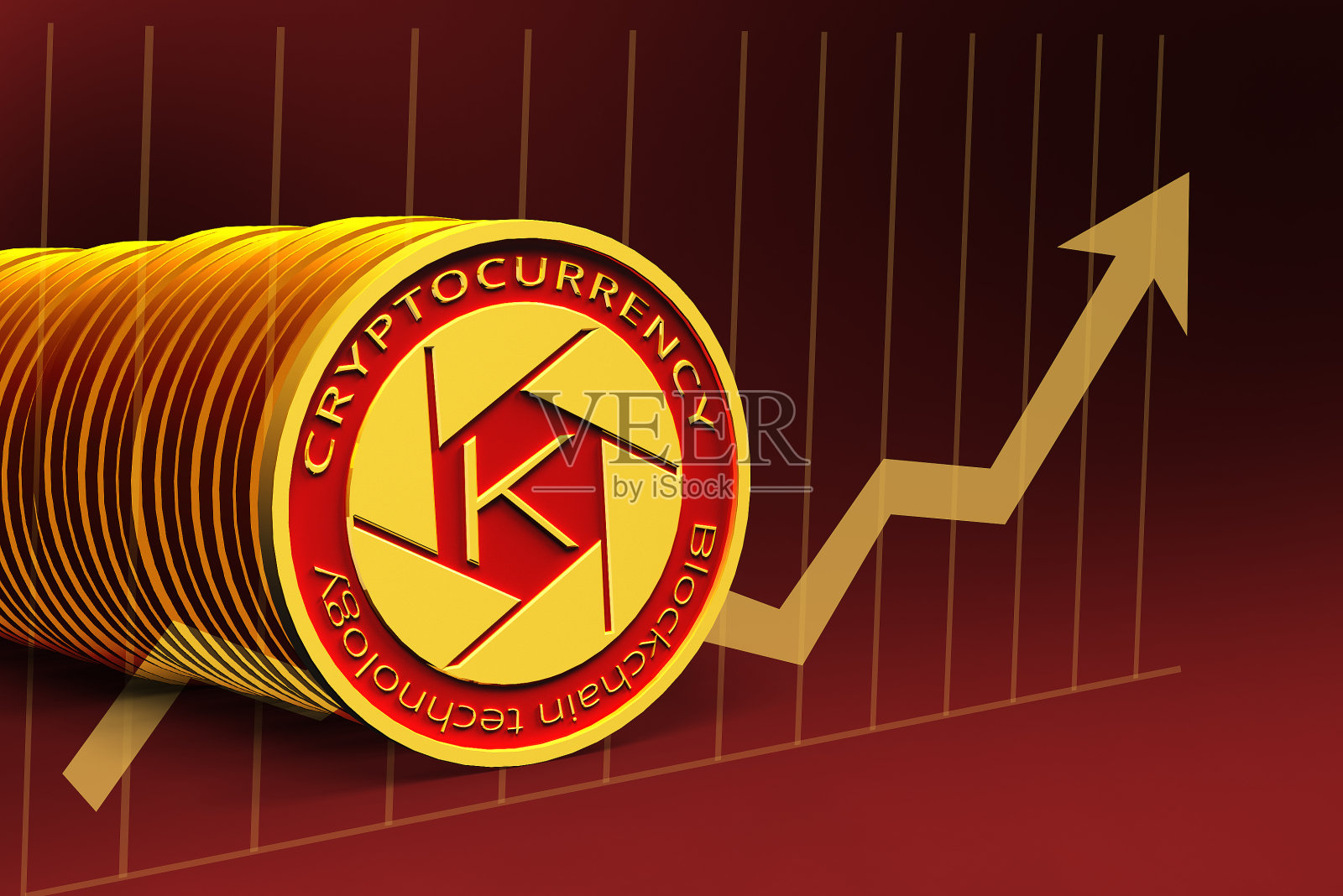 新的黄金符号摄影师硬币加密货币图表显示动态速率。尖端区块链技术。商业，金融和技术概念。3 d渲染。照片摄影图片