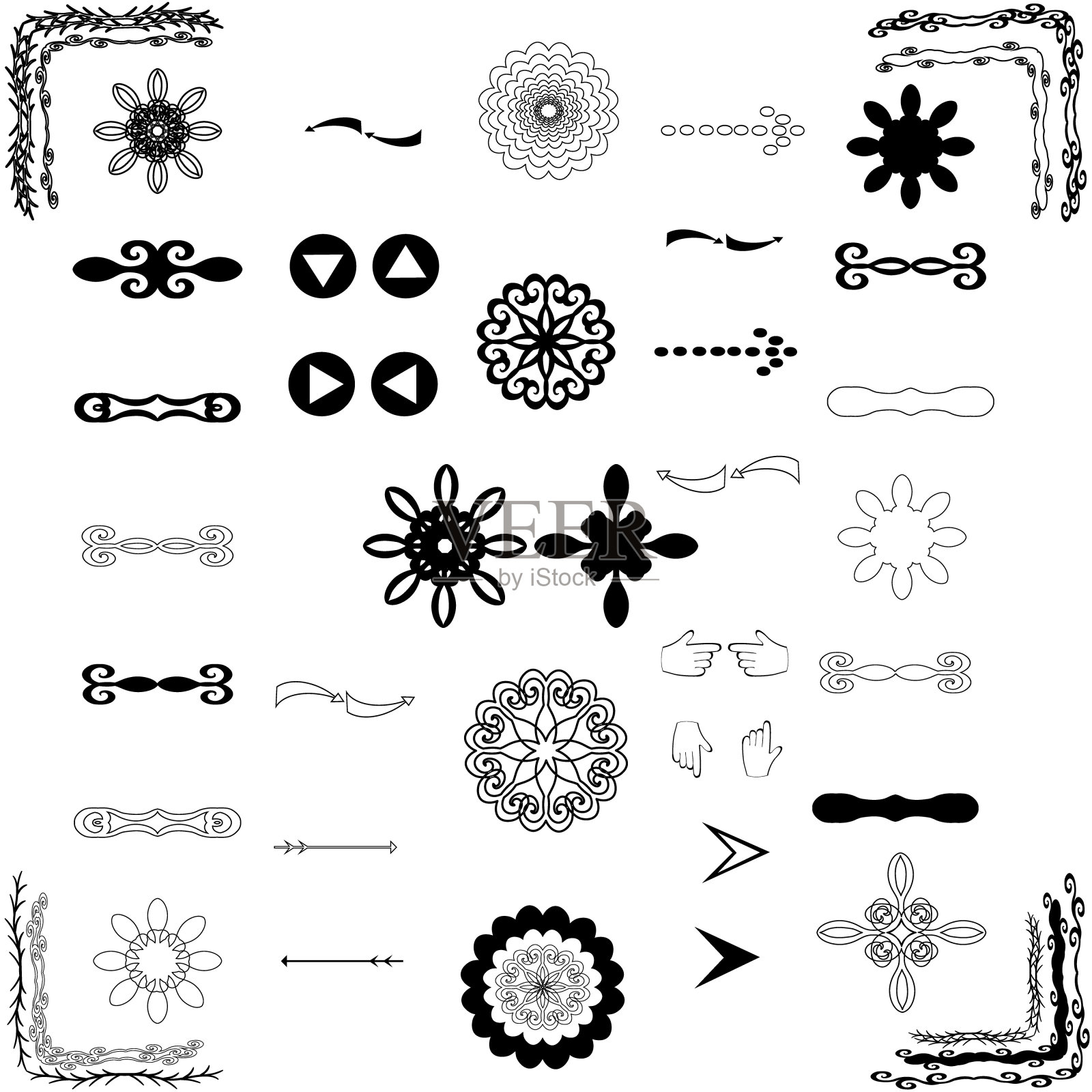 收集手绘的漩涡和分隔。一套装饰分隔，边界，漩涡，分隔和滚动孤立在白色背景。矢量插图设计。插画图片素材
